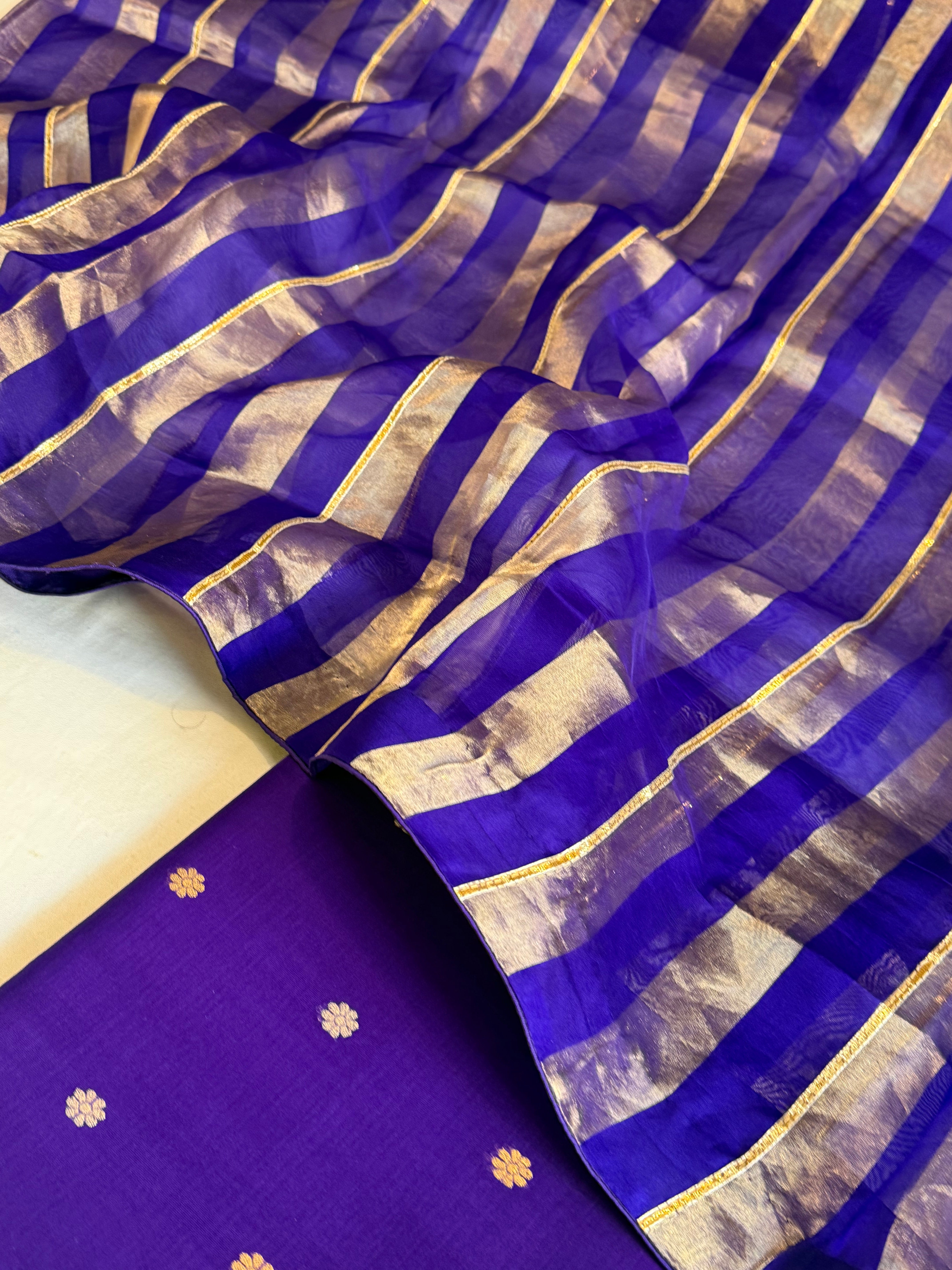 Banarasi kora silk kadhwa striped suit set