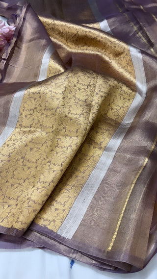 Pure banarasi dusty mouve tissue silk handwoven kadhwa buti saree with kadhwa intricate border buti weaving