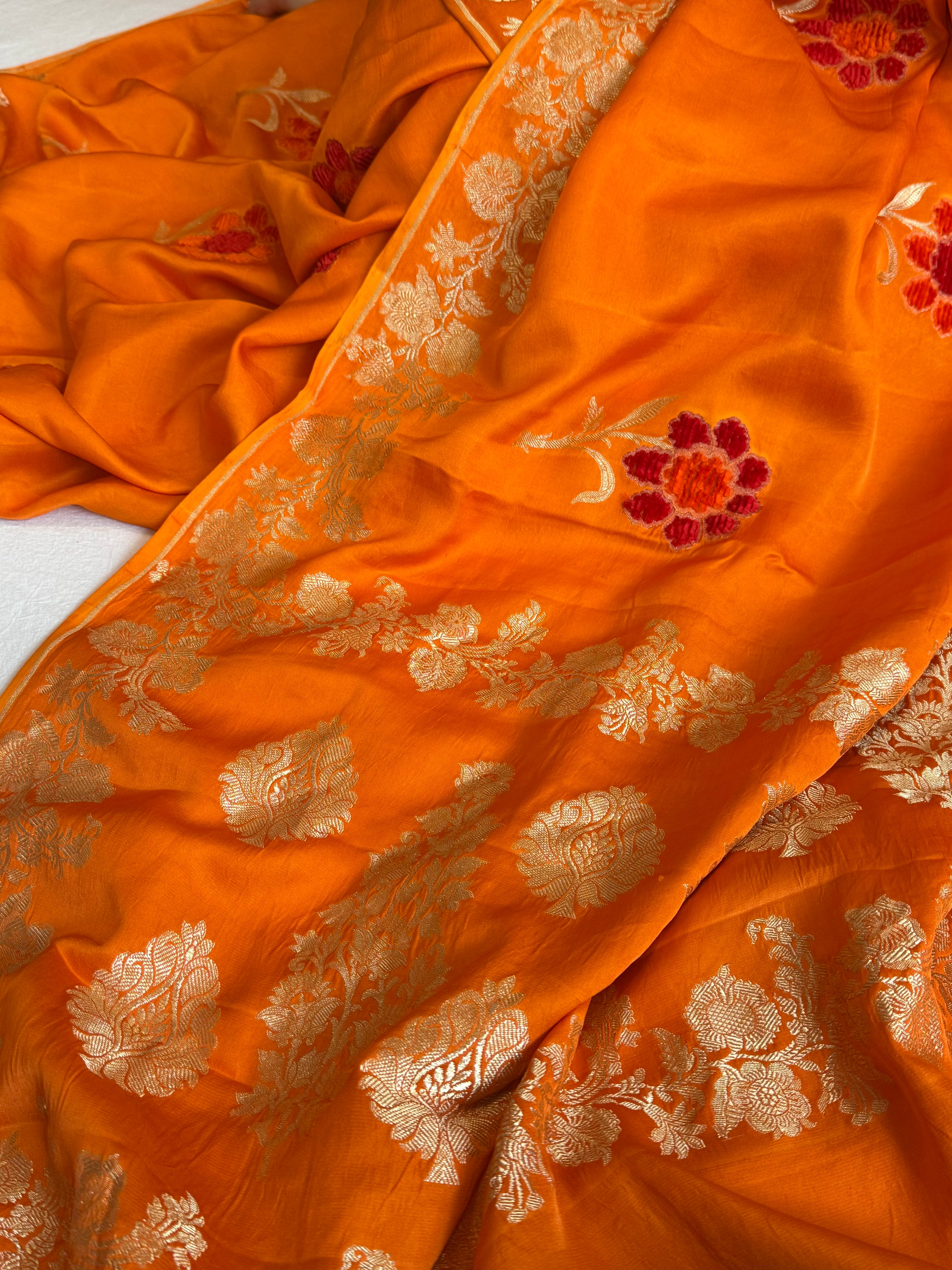 Banarasi fanta orange mashru silk heavy weaving saree with velvet hand embroidered weaving