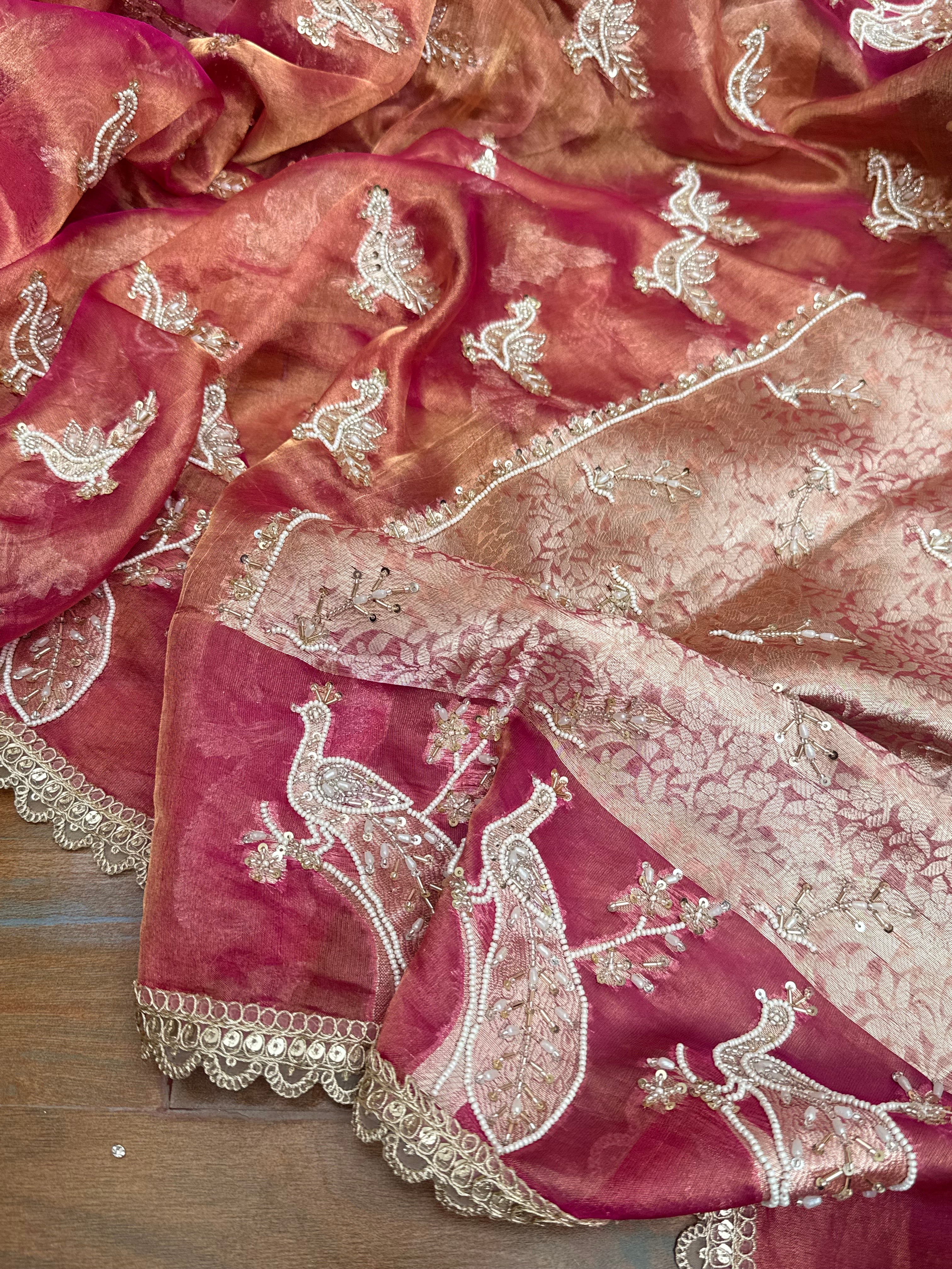 Tyohaar edit - Pearlwork morni hand embroidered tissue silk kadhwa saree