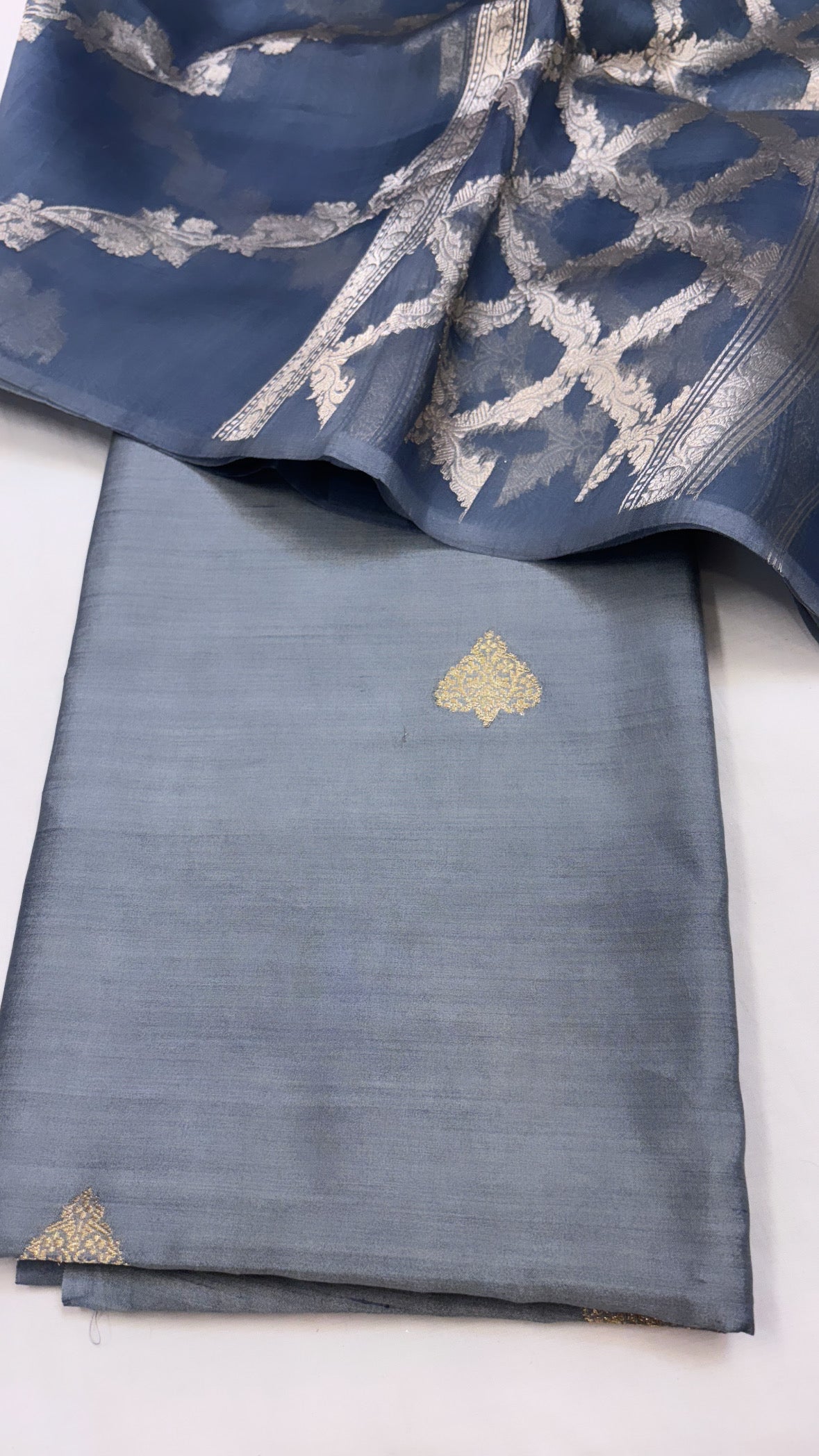 Pure Banarasi persian blue chiniya silk kadhwa suit set paired with kora silk ombre shaded kadhwa duppata and bottom set