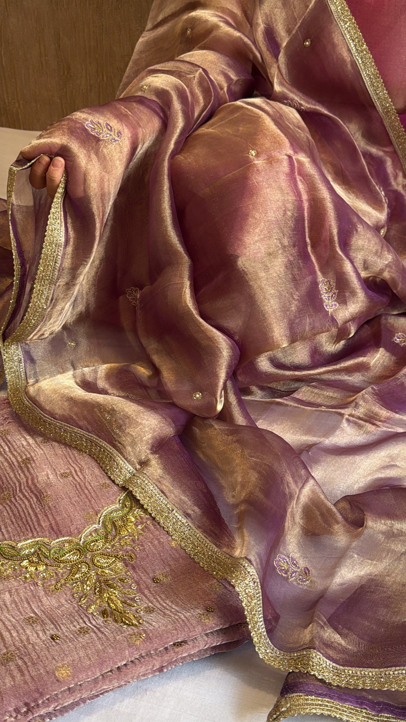Soft lavender crushed tissue silk hand embroidered kadhwa suit set