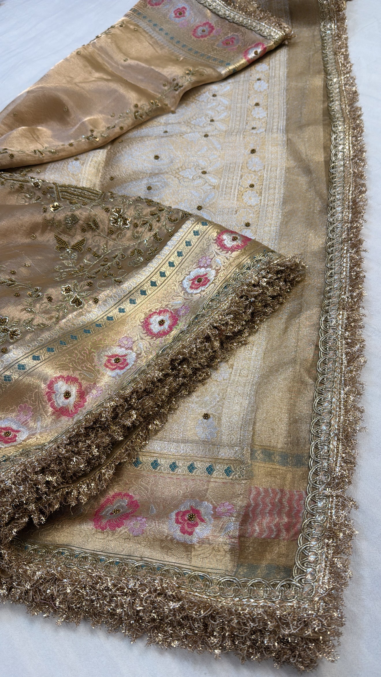 Golden husn tissue silk hand embroidered kadhwa meenakari saree