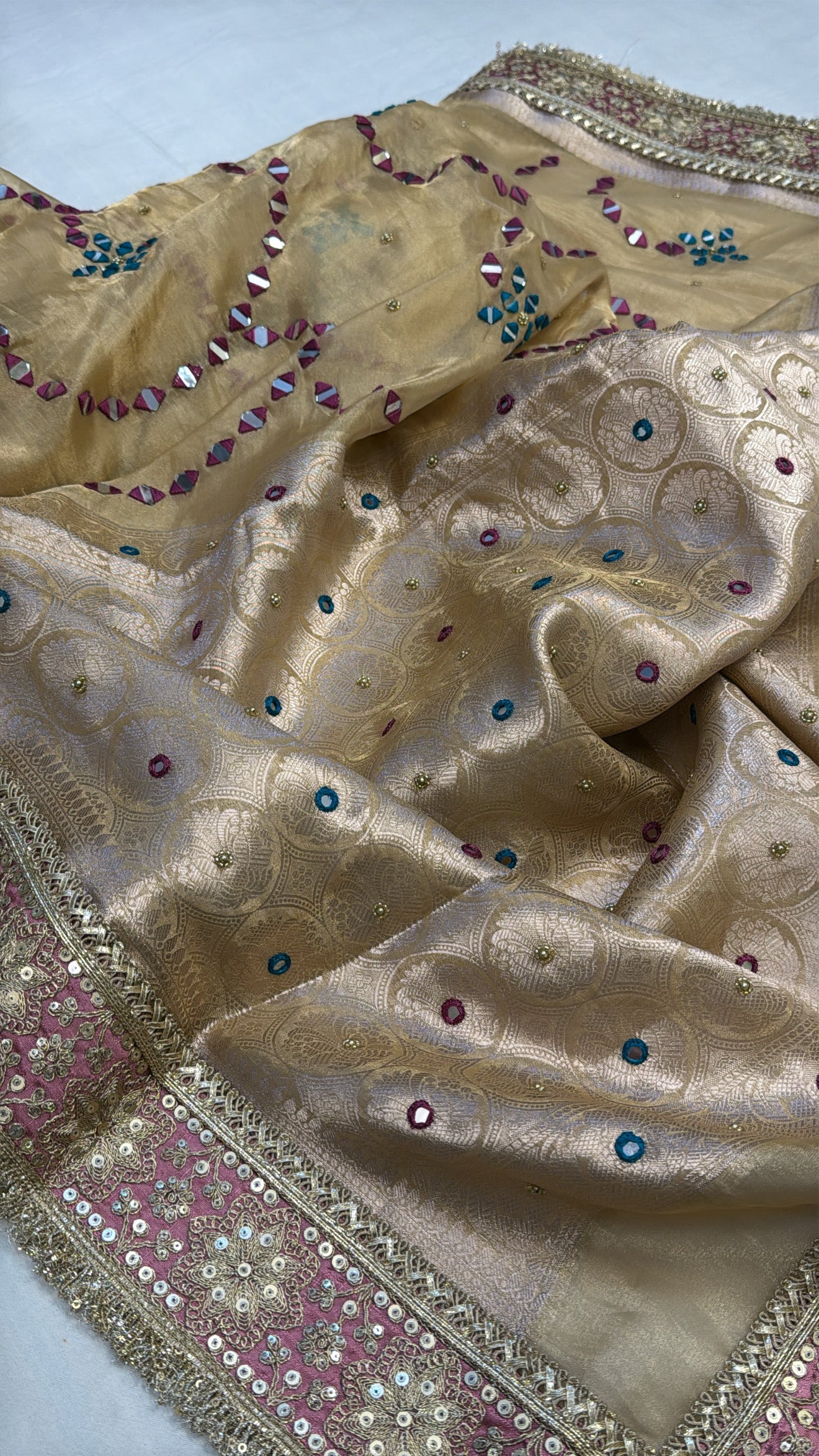 Golden kutchi mirror work hand embroidered husn tissue silk saree