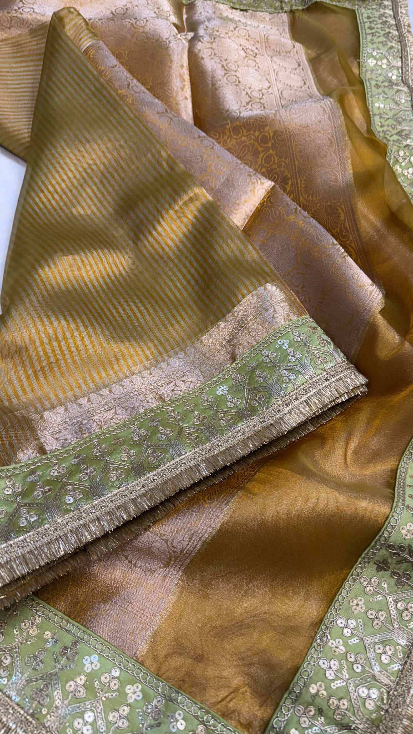 Lime green maharani tissue silk meenakari border saree