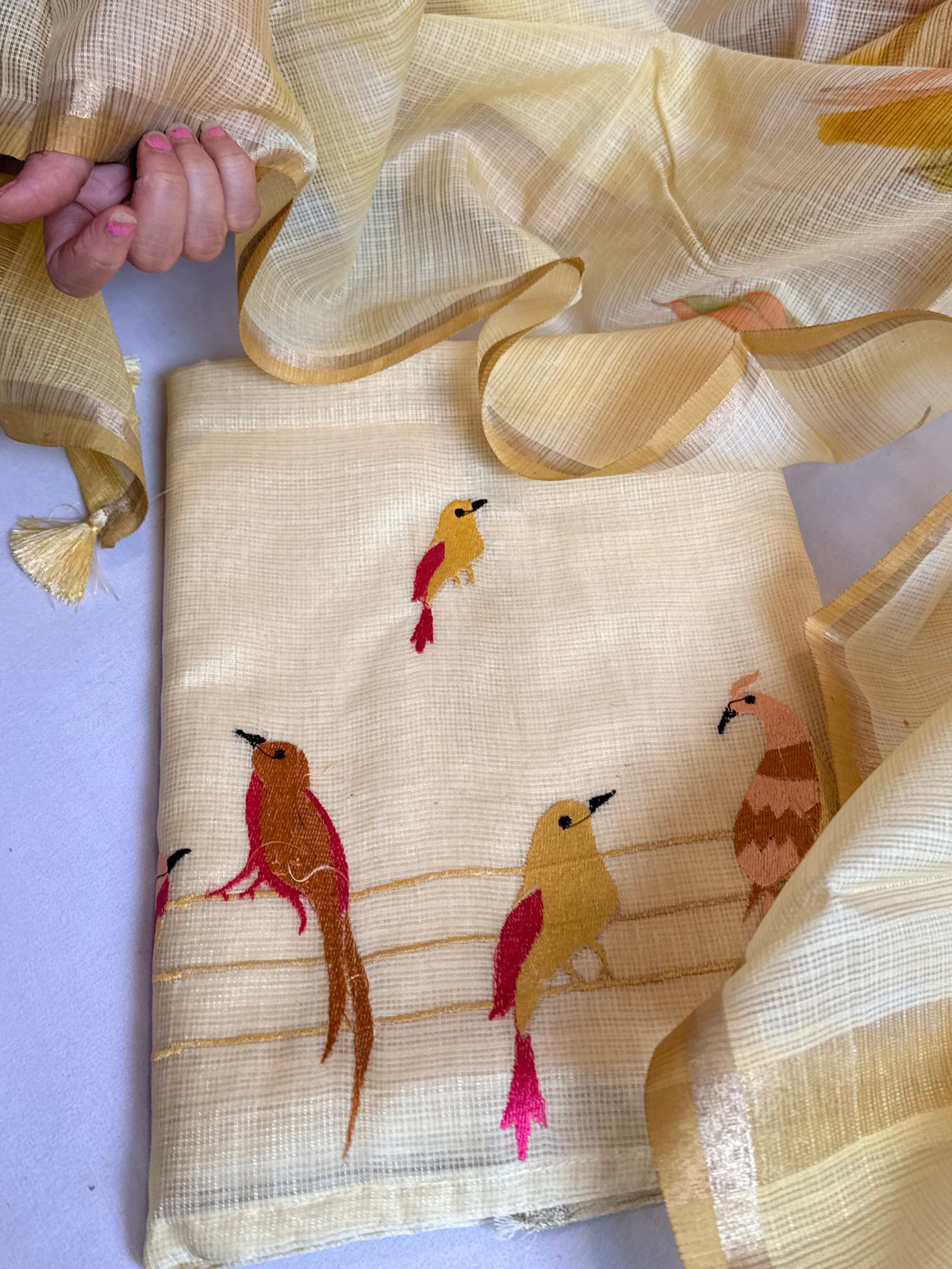 BELOW 8K - light yellow cotton kota silk resham work banarasi suit set