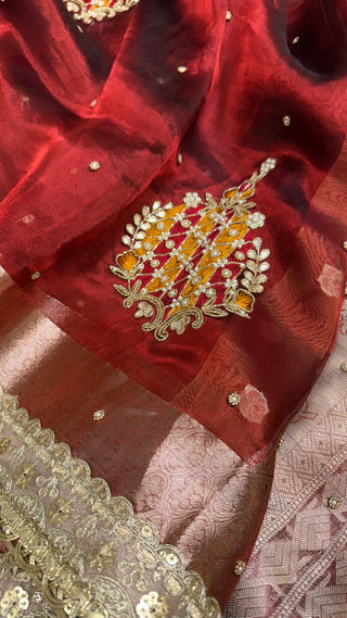 “Sagaai ki saree” — Rose red tissue silk hand embroidered kadhwa saree