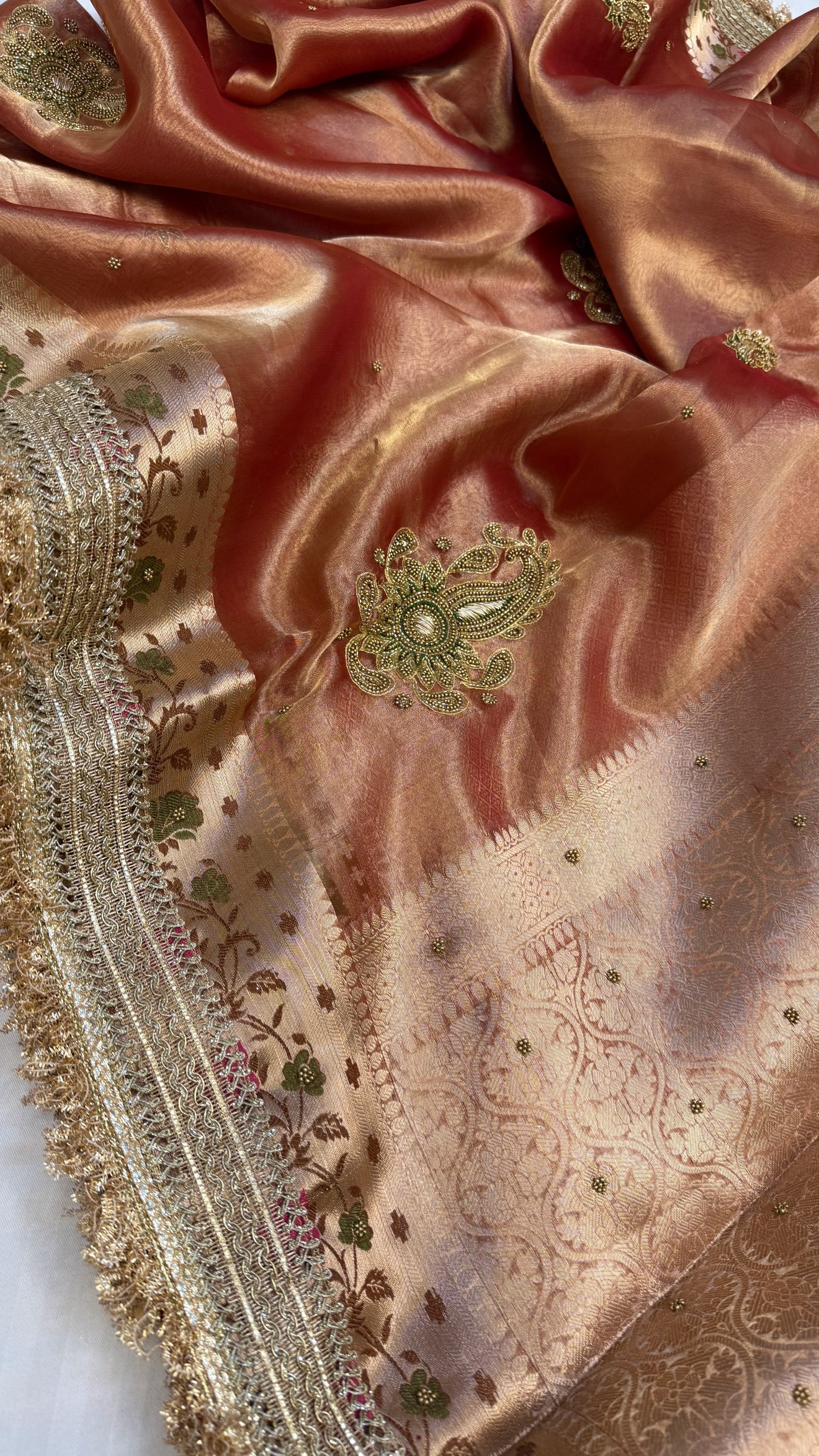 Cocktail edit sarees - Soft reddish orange tissue silk hand embroidered saree