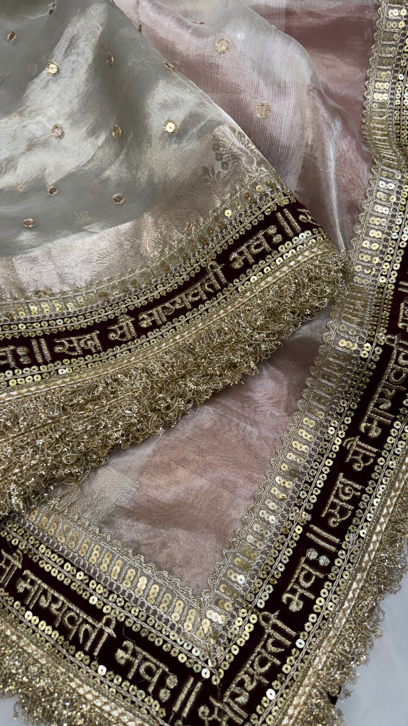 Diamond tissue silk chunri buti hand embroidered panetar saree