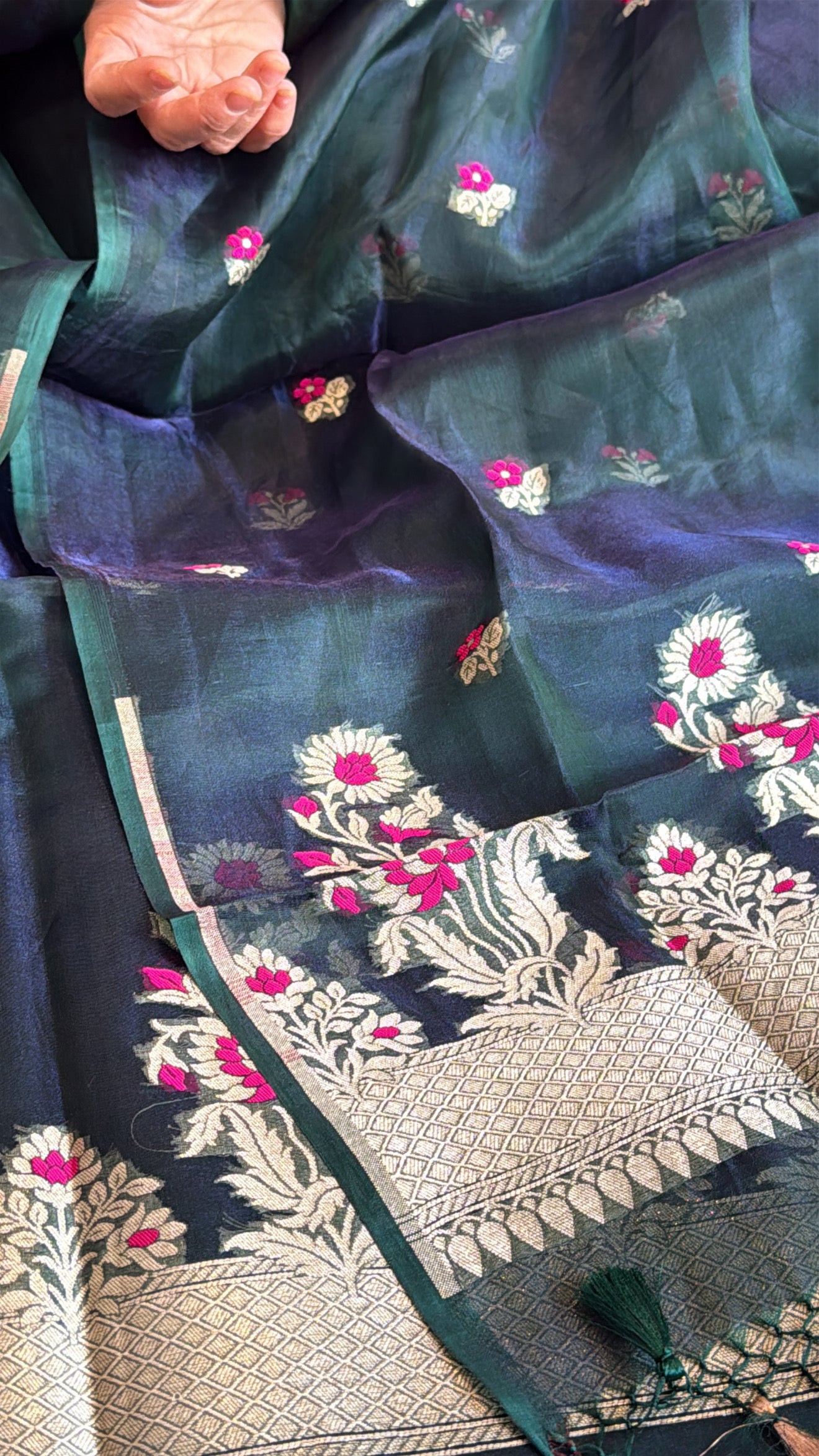 Bottle green dhup chao effect  silk meenakari kadhwa suit set