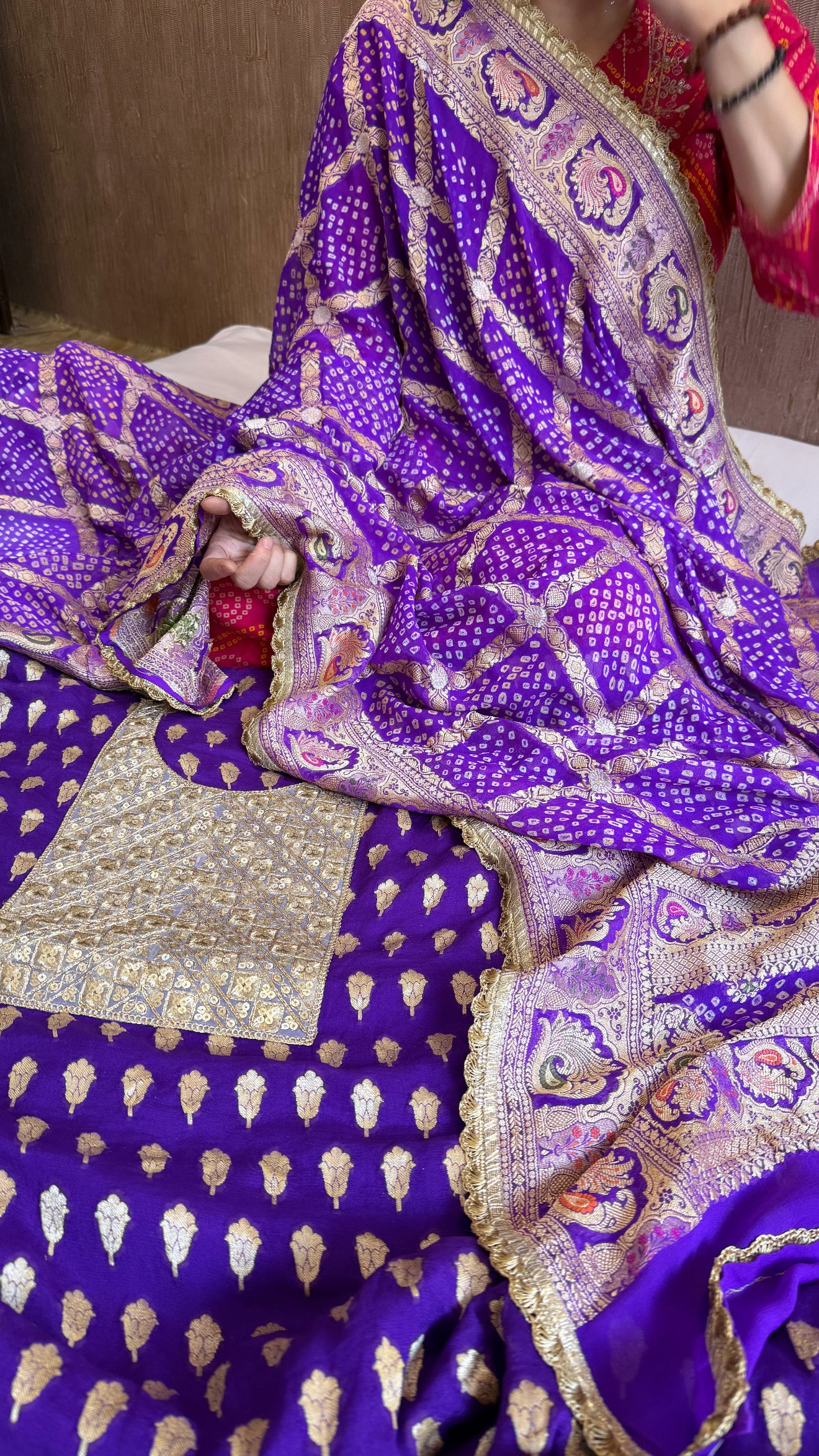 Purple rai bandhej banarasi gorgette kadhwa suit set
