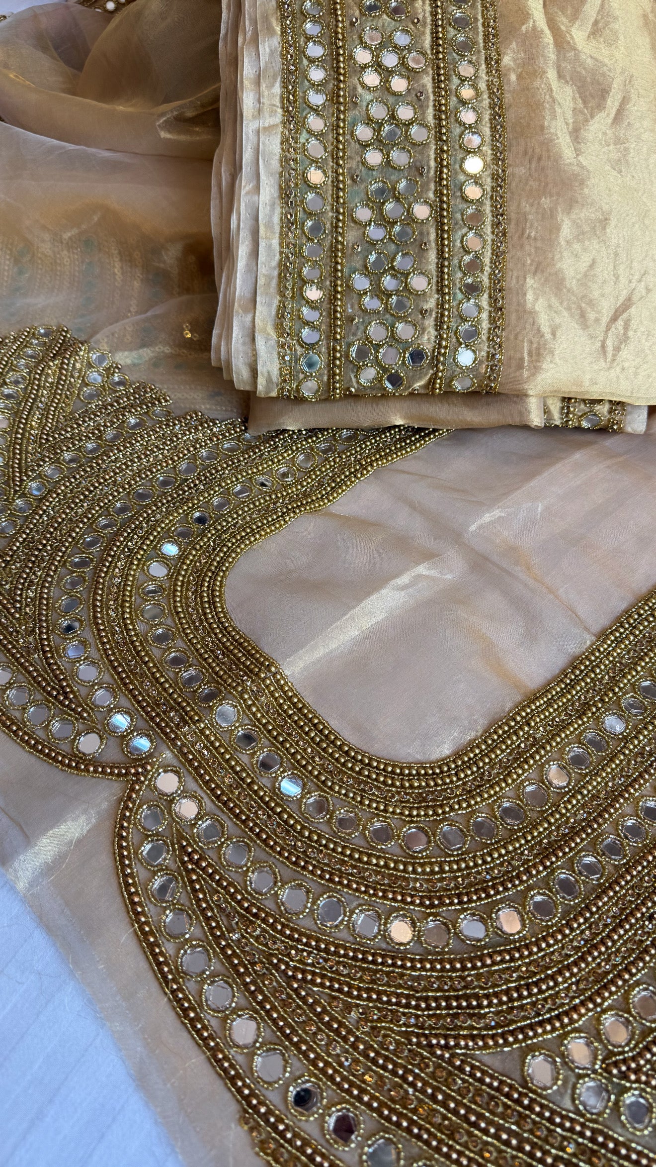 Mirror work edit - Champagne gold tissue silk mirror work heavy banarasi border saree