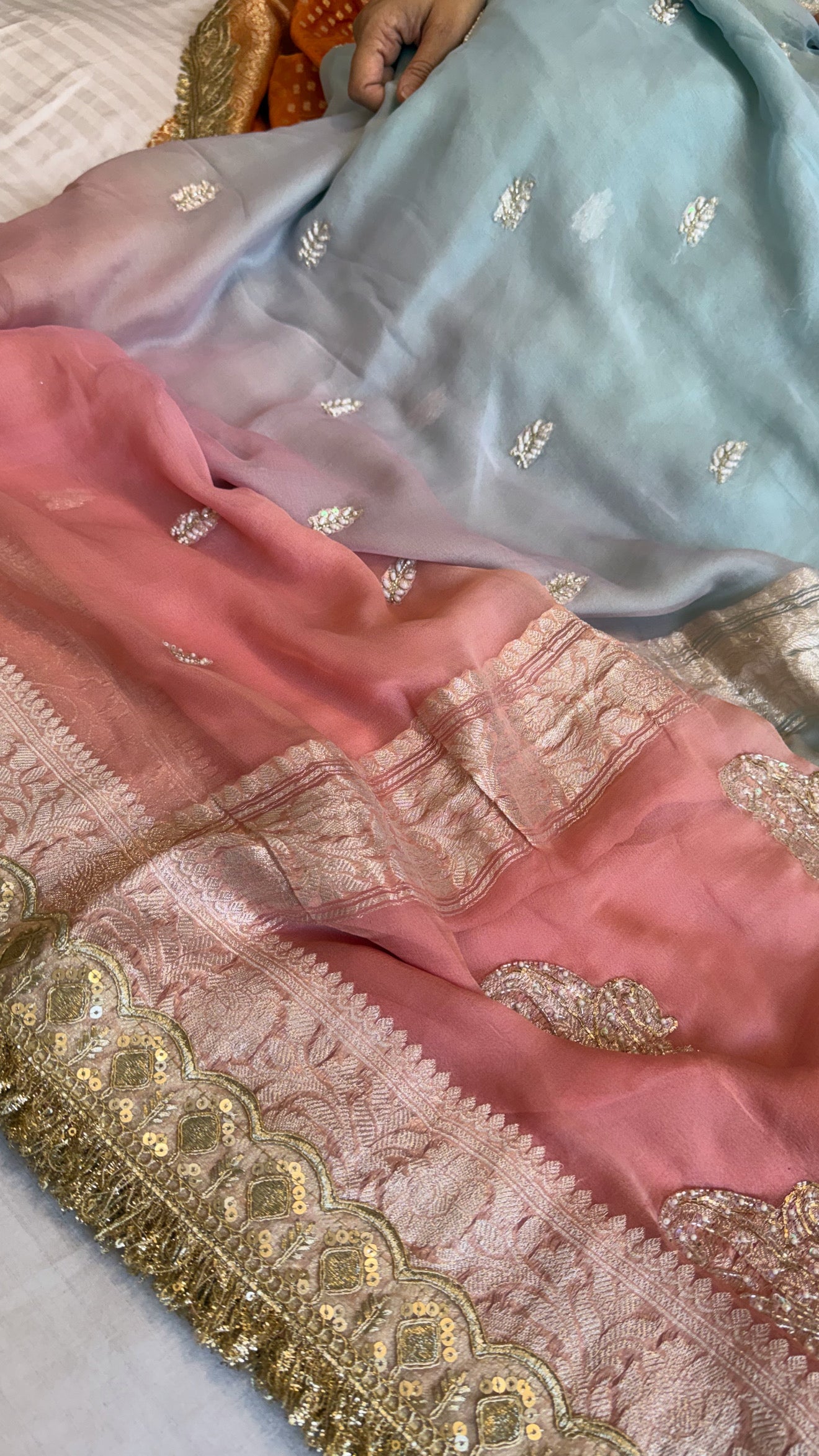 Paro banarasi chiffon gorgette hand embroidered kadhwa saree