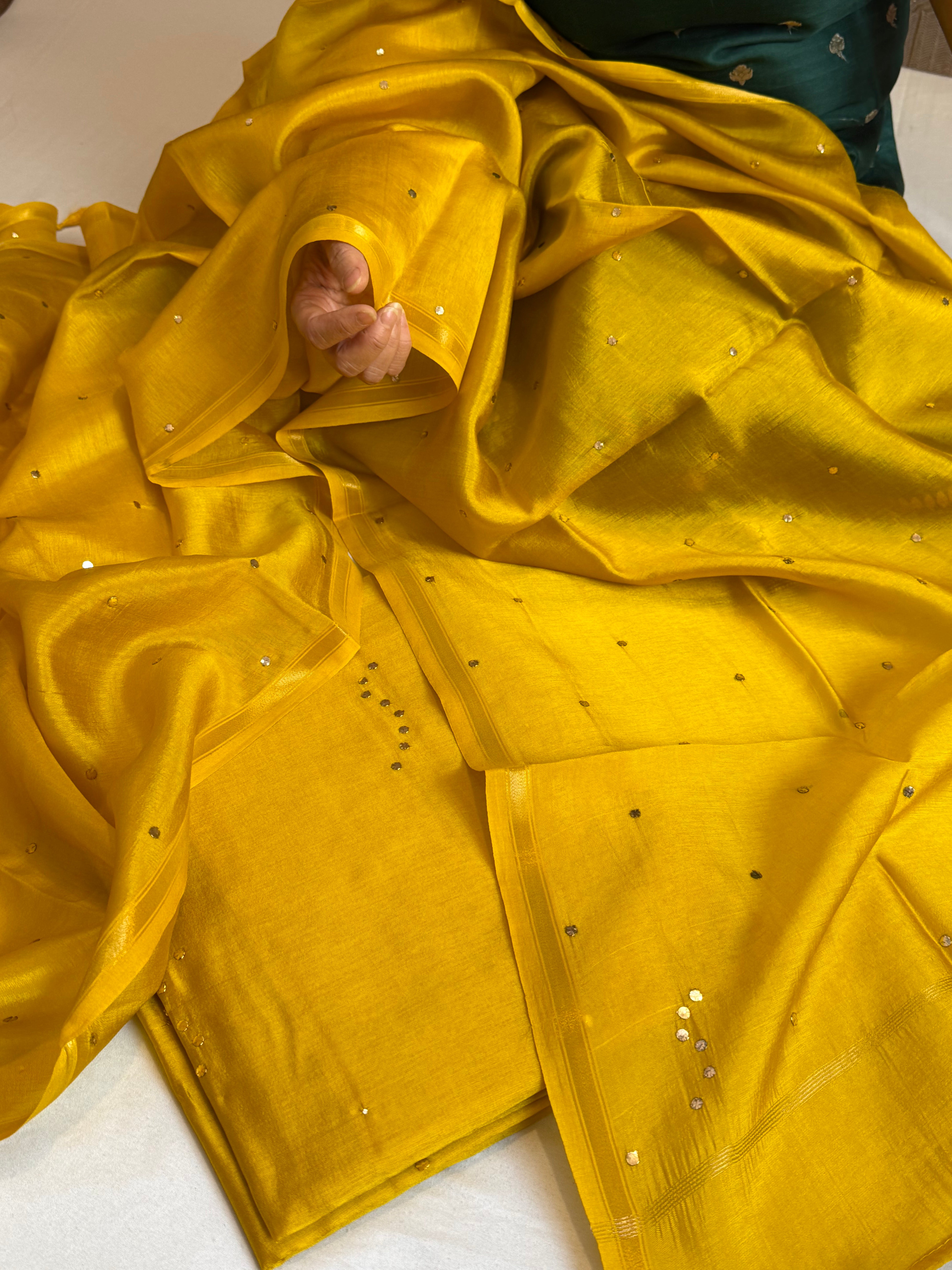Mustard yellow raw mango silk mukaish work hand embroidered saree