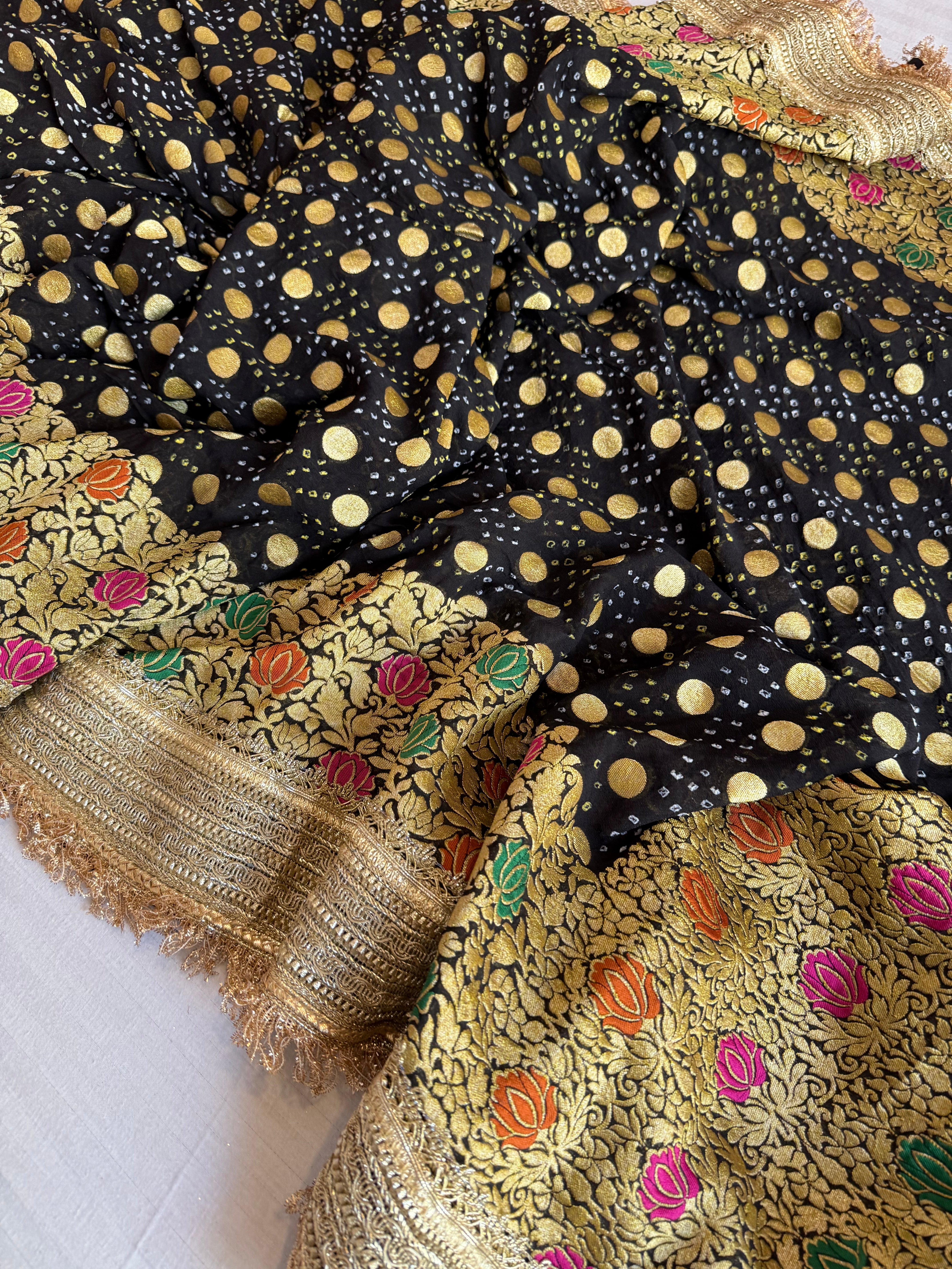 Black banarasi gorgette bandhej kadhwa meenakari saree