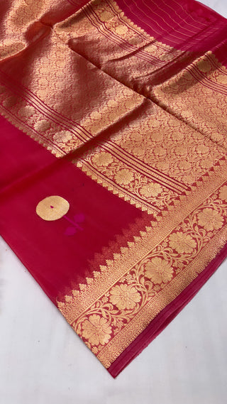 Pure banarasi garnet shade kadhwa meenekari kora silk kadhwa saree with meenakari buti