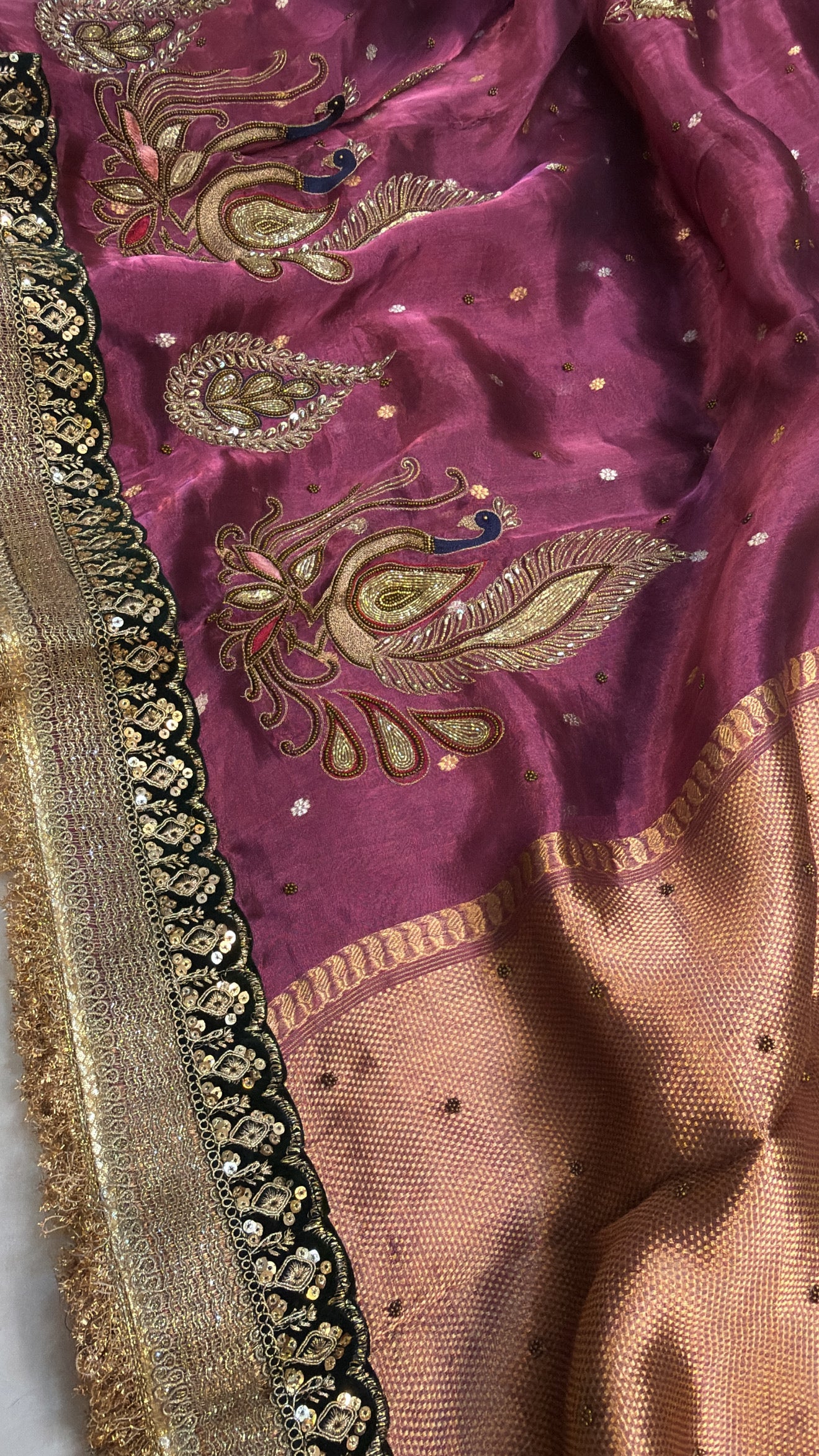 Midnight purple tissue silk peacock motif hand embroidered saree