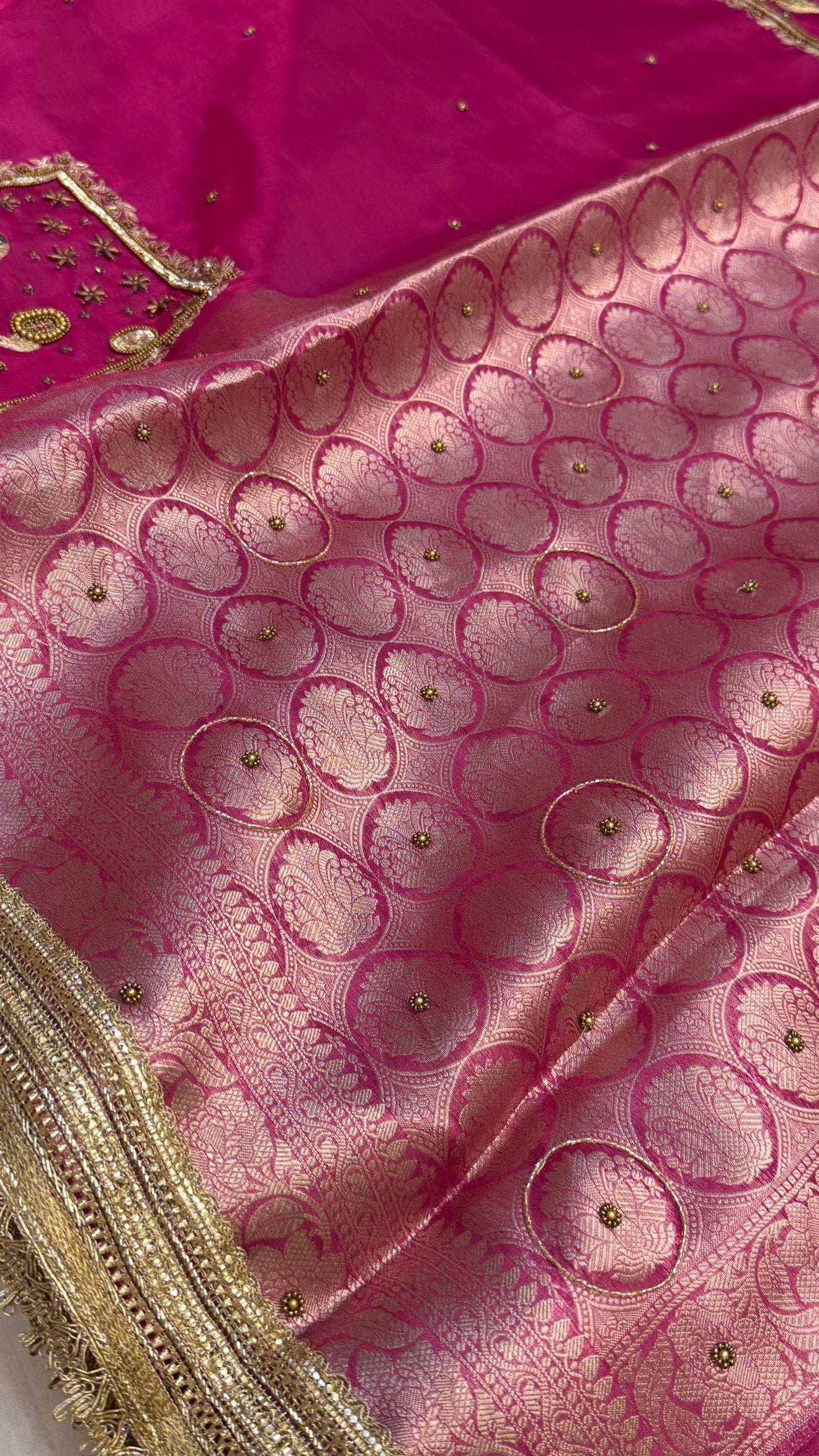 Karwachauth special - Hot metallic pink tissue silk hand embroidered kadhwa saree