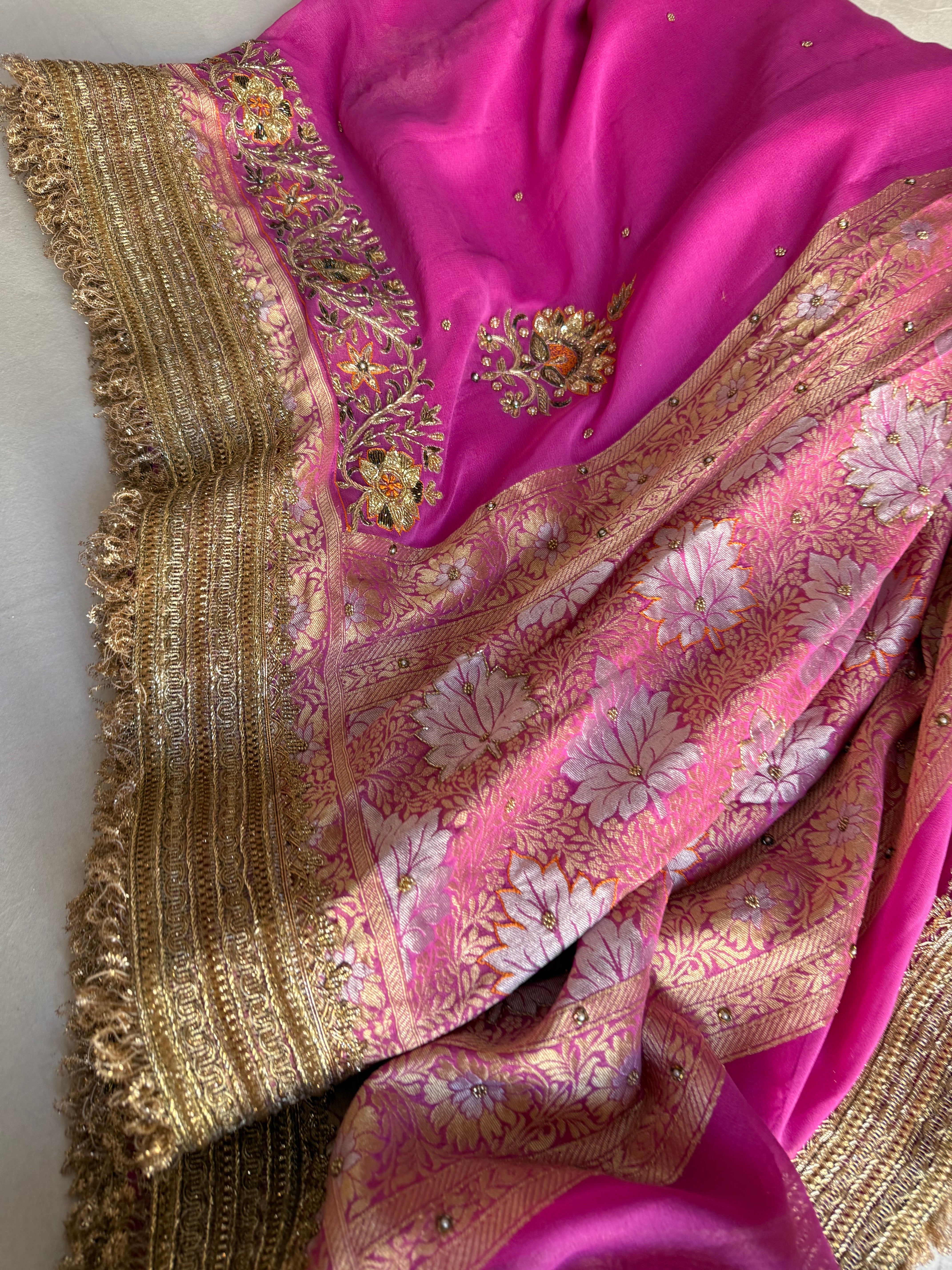 Hot pink gorgette kadhwa hand embroidered sona rupa saree