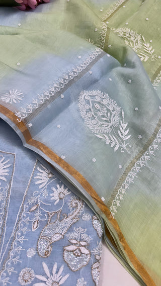 Pure Banarasi ice blue handloom premium cotton kadhwa lucknowi chikankari hand embroidered suit set with intricately hand embroidered motifs and ombre shaded duppata set