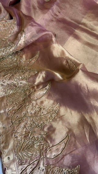 Husn blush pink tissue silk heavy hand embroidered saree