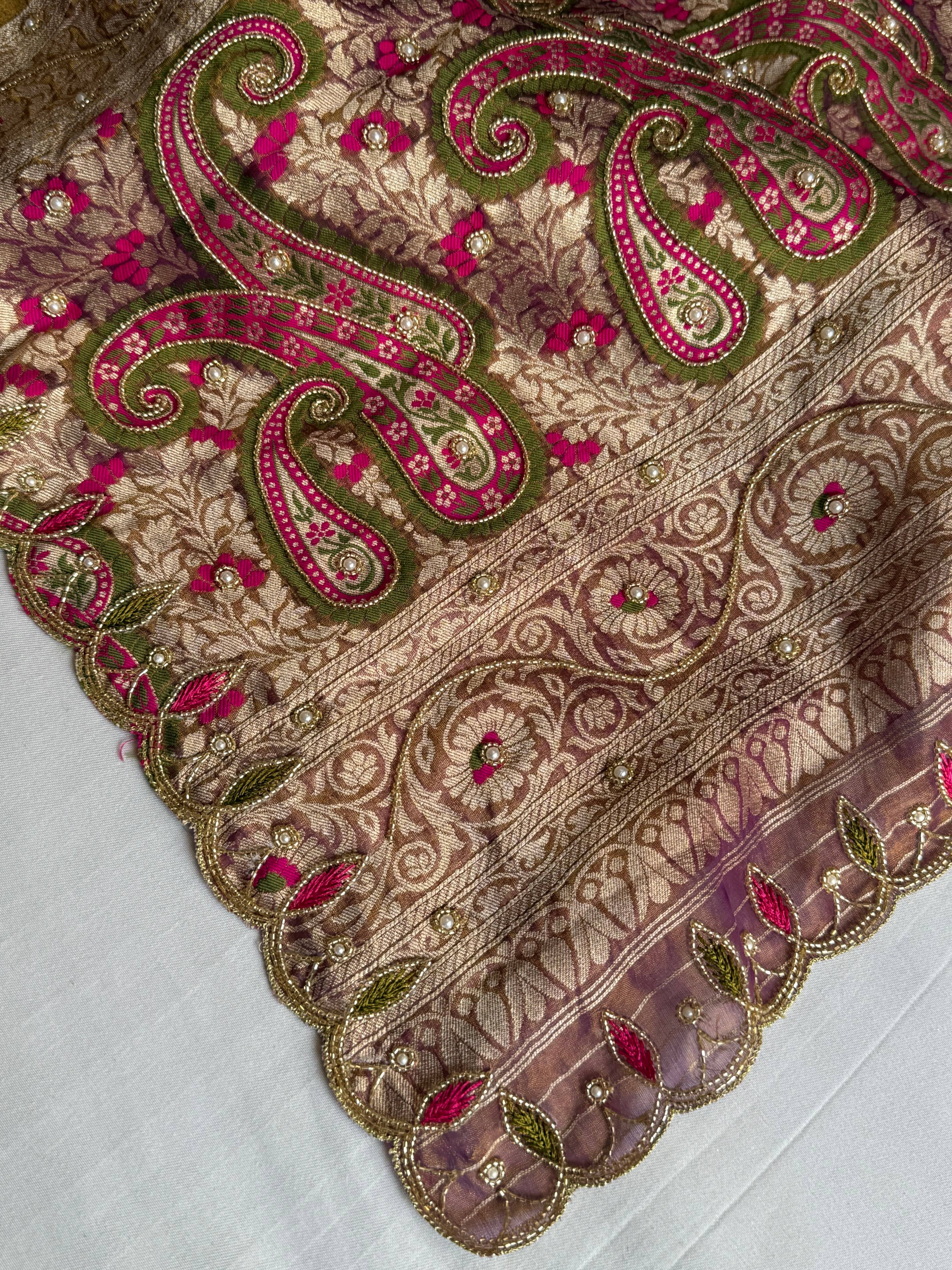 Copperish purple dhup chao effect tissue tanchoi jamevar meenakari pallu hand embroidered saree