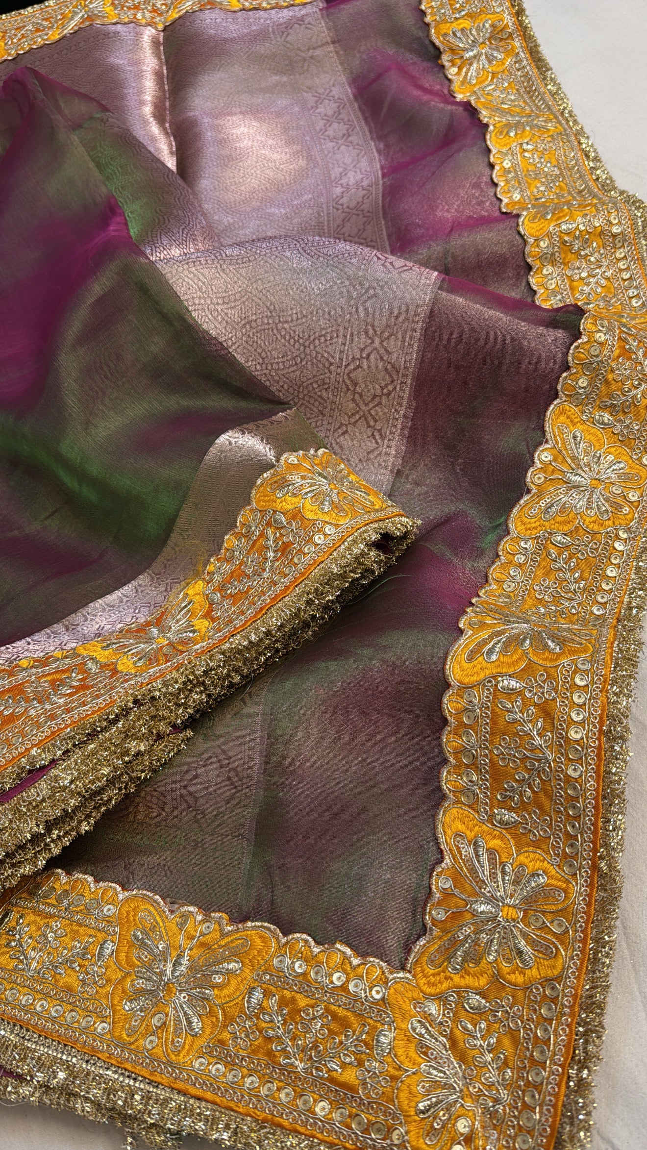 Mehendi green-pink dhup chao effect tissue silk kadhwa saree
