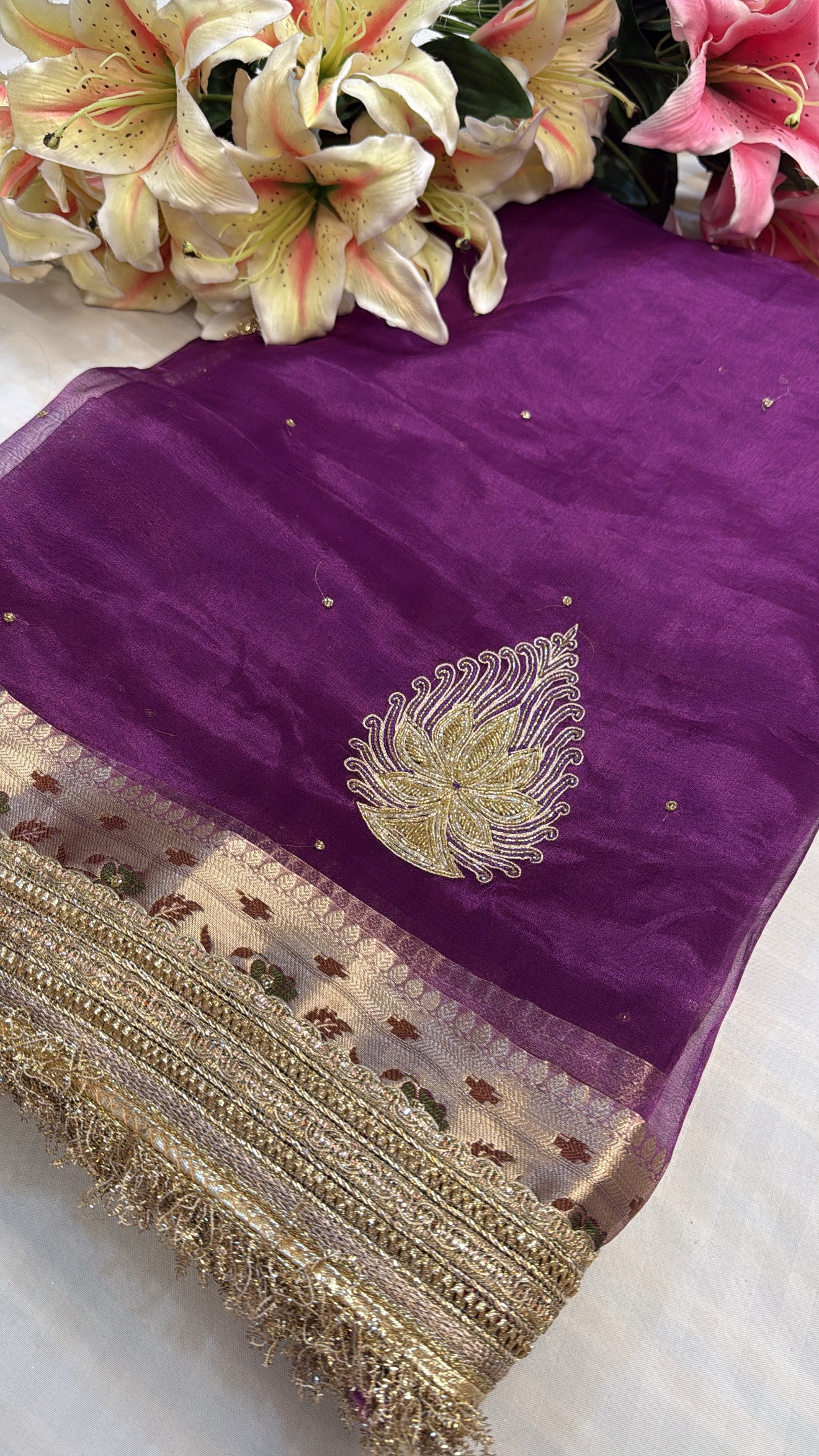 Brinjal purple tissue silk hand embroidered kadhwa saree