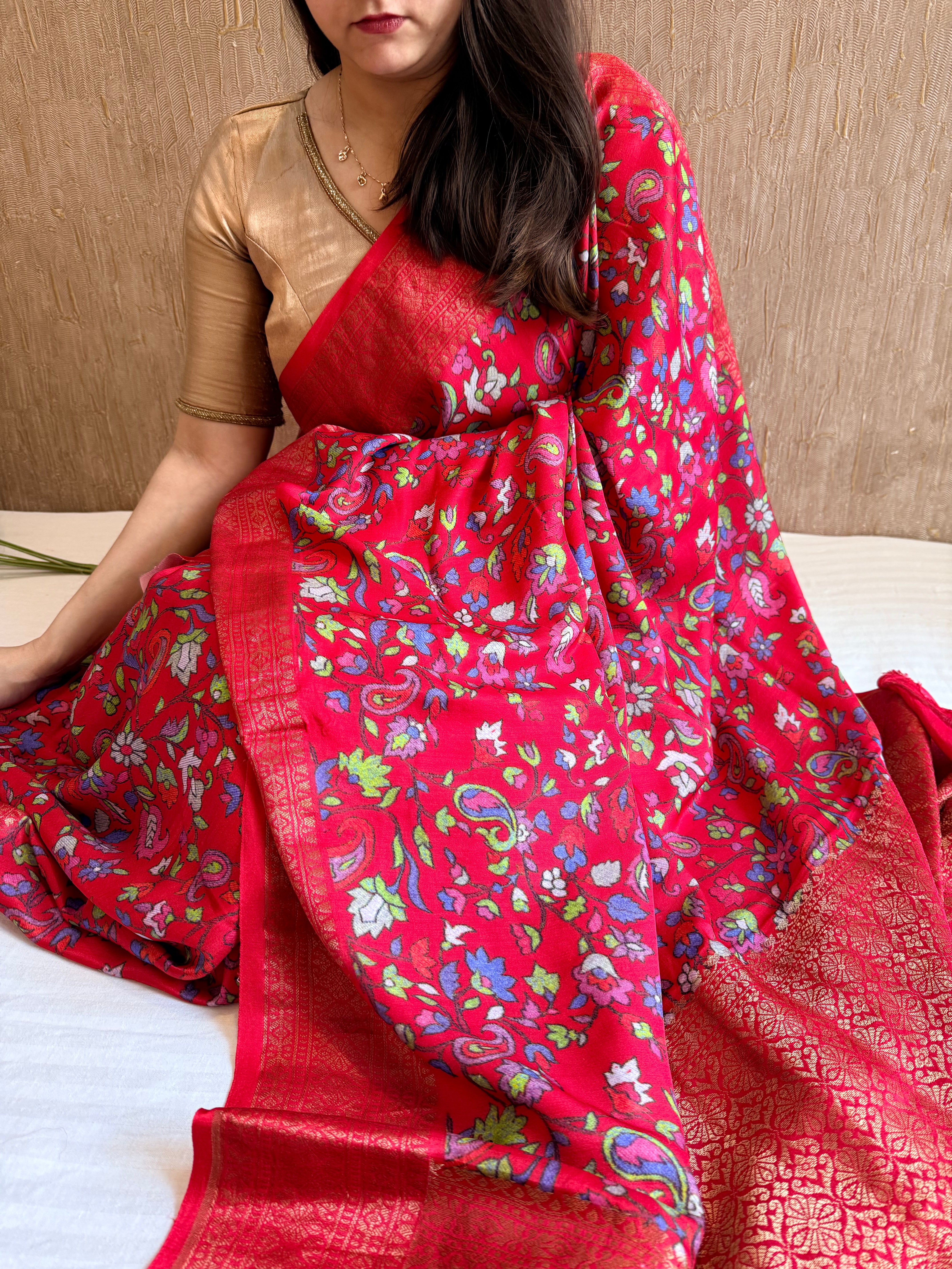 Banarasi mashru satin silk kani weaving printed cherry red saree