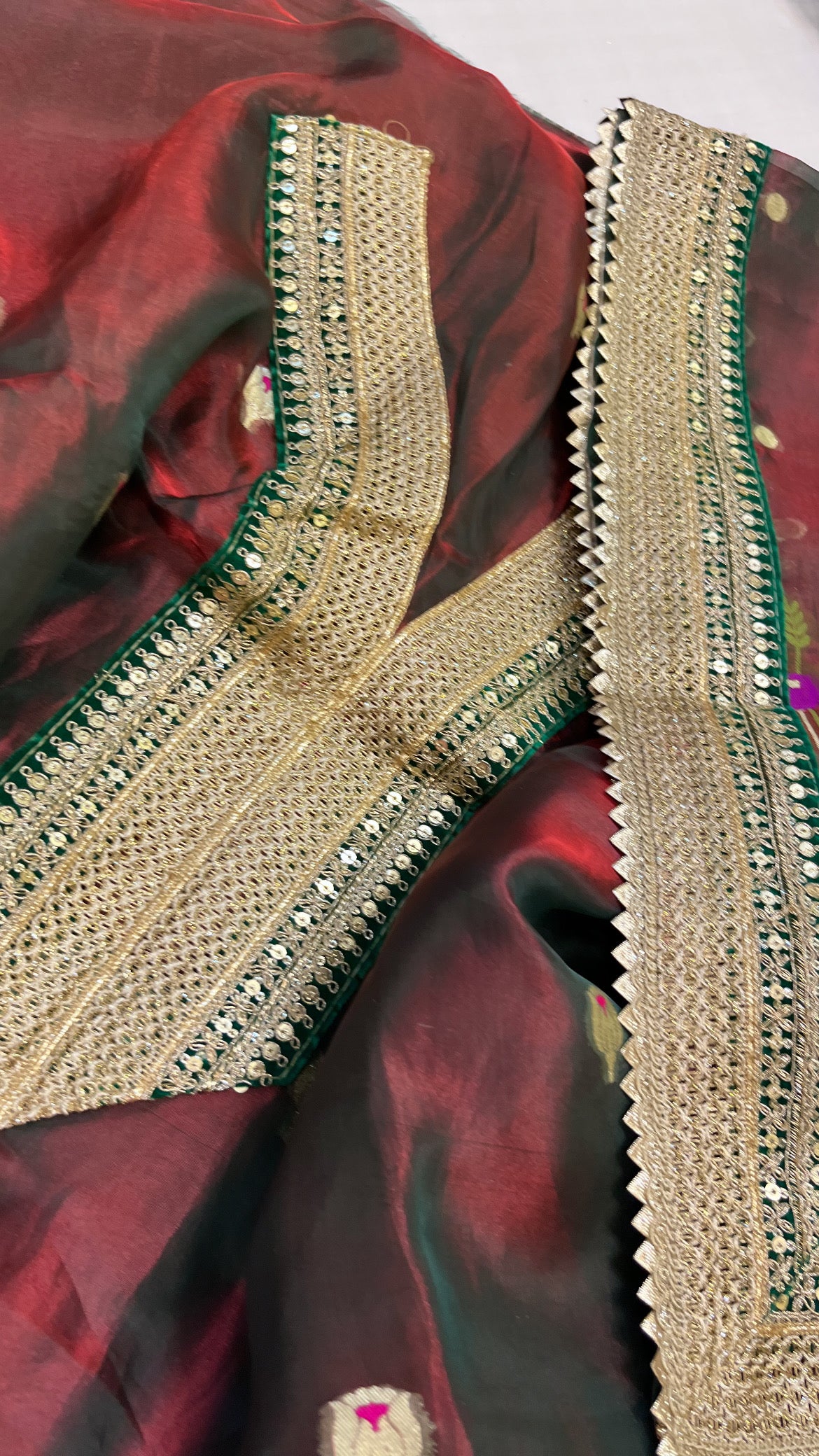 Heermandi maroonish-green tissue silk meenakari suit set