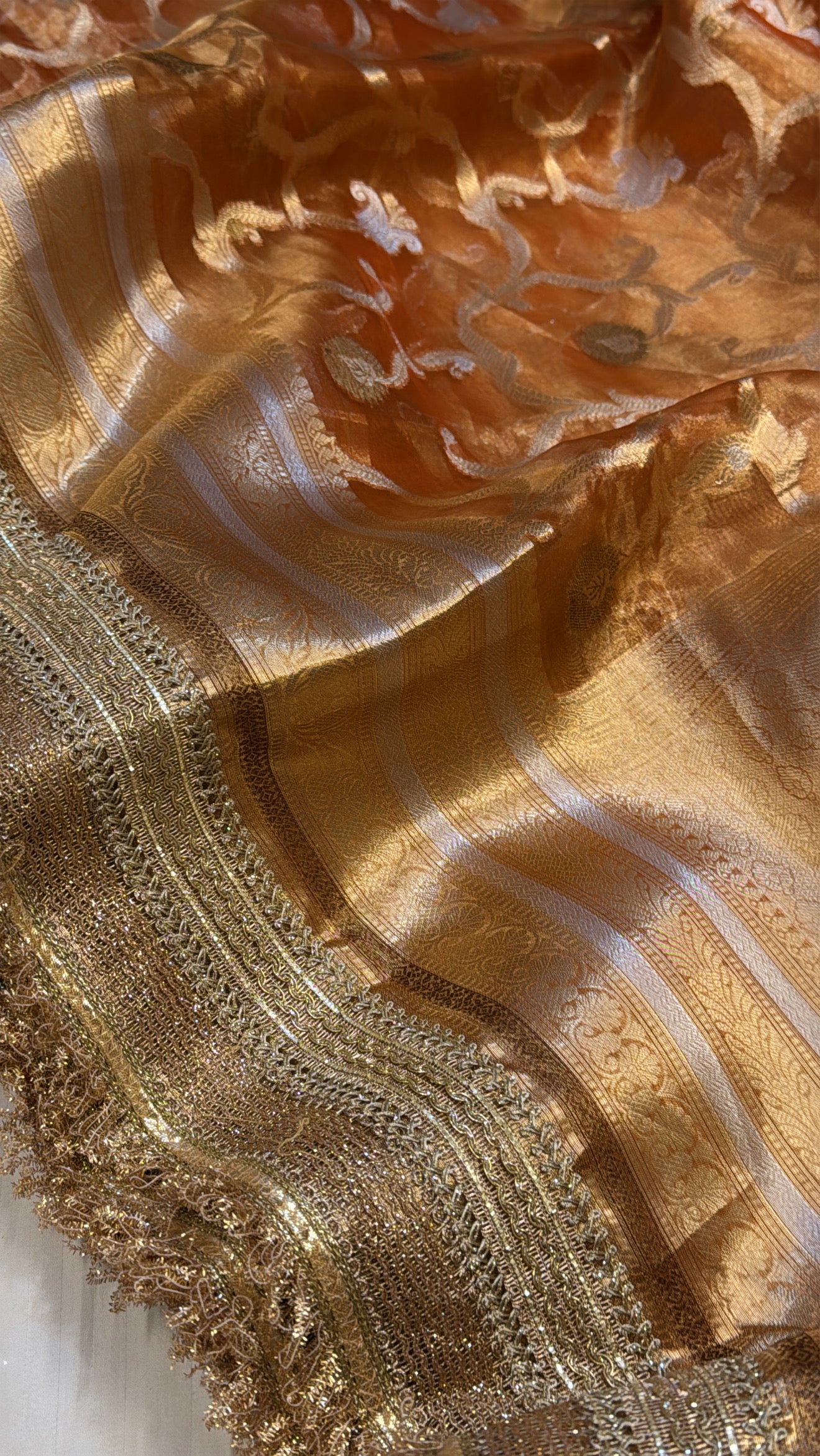Fanta orange tissue silk kadhwa jungla meenakari tissue silk saree