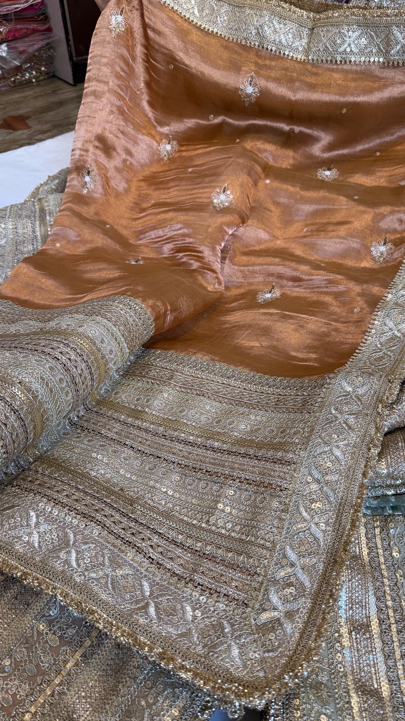 Lehenga style saree edit- Mud brown diamond tissue silk tilli work heavy gotapatti skirt border saree