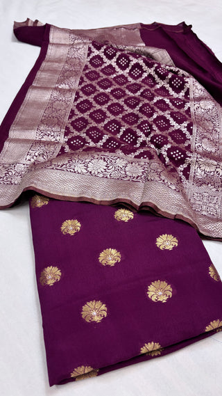 Dark plum banarasi gorgette kadhwa suit set