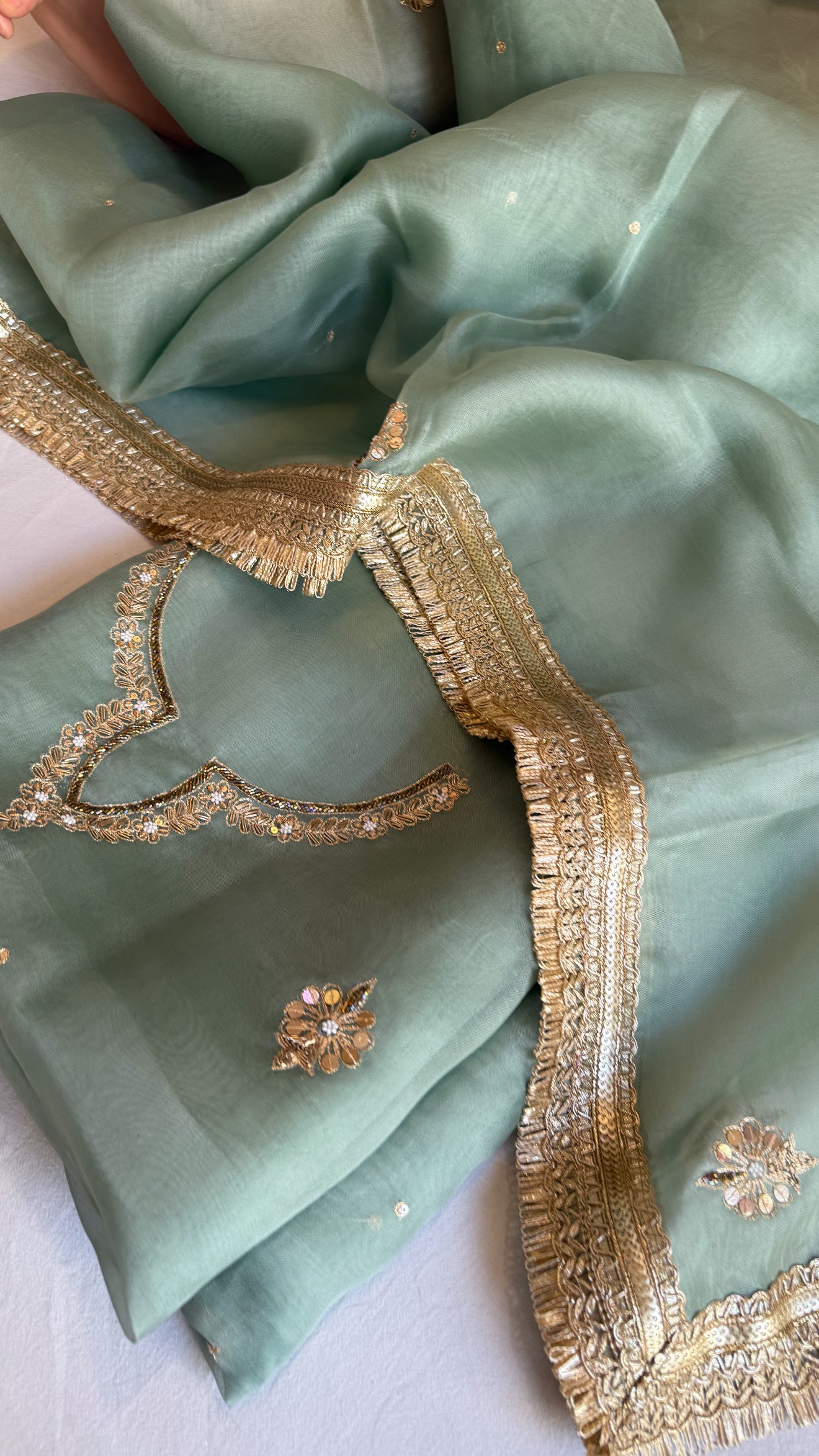 Aari and tilli hand embroidered kora silk teal green kadhwa suit set