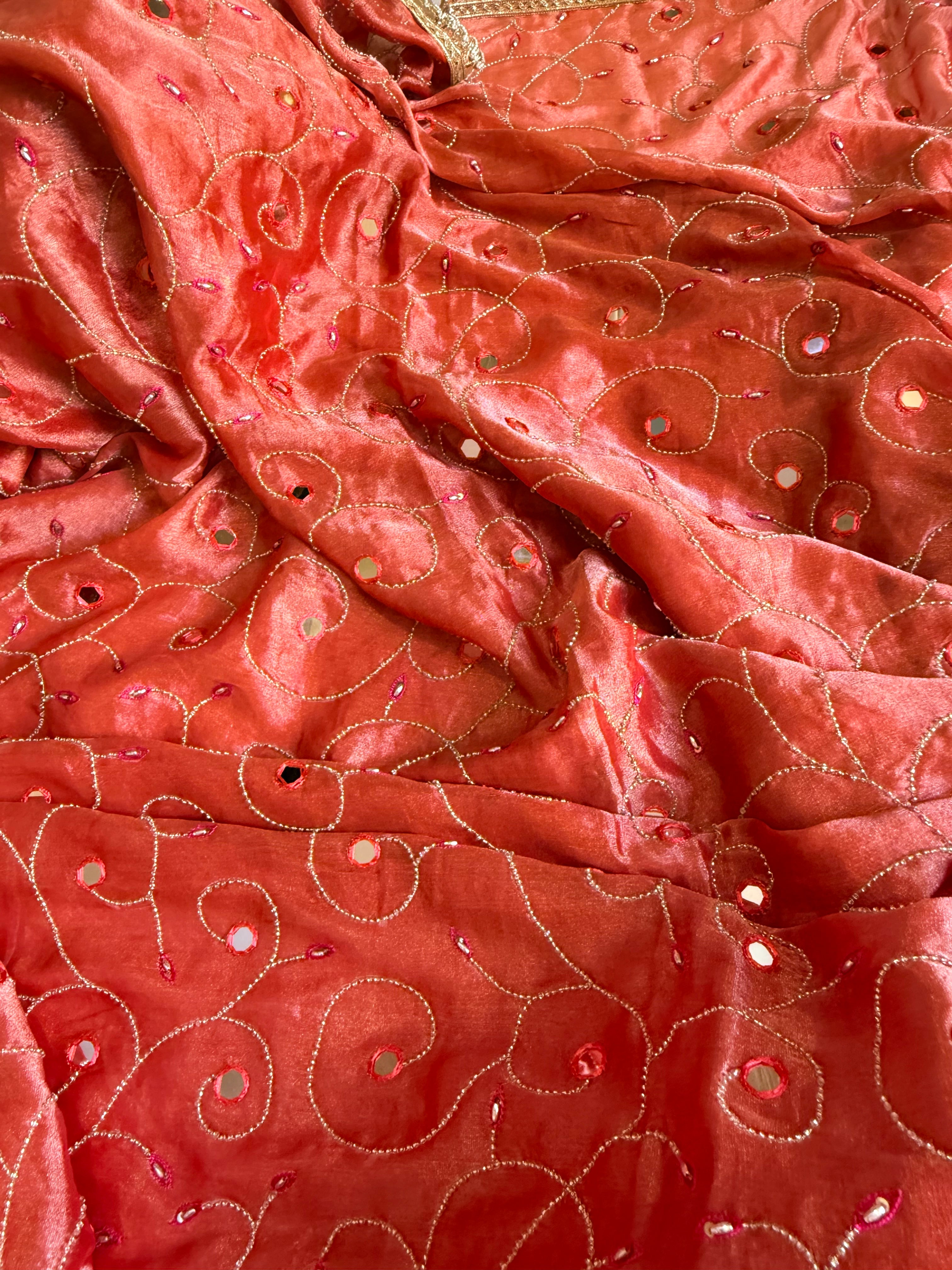 Tomato gajri red tissue silk half polka dot-half hand embroidered kadhwa saree