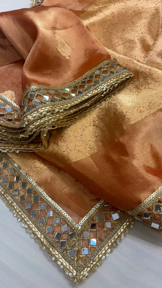 Maharani soft tangerine orange tissue silk kadhwa buti saree