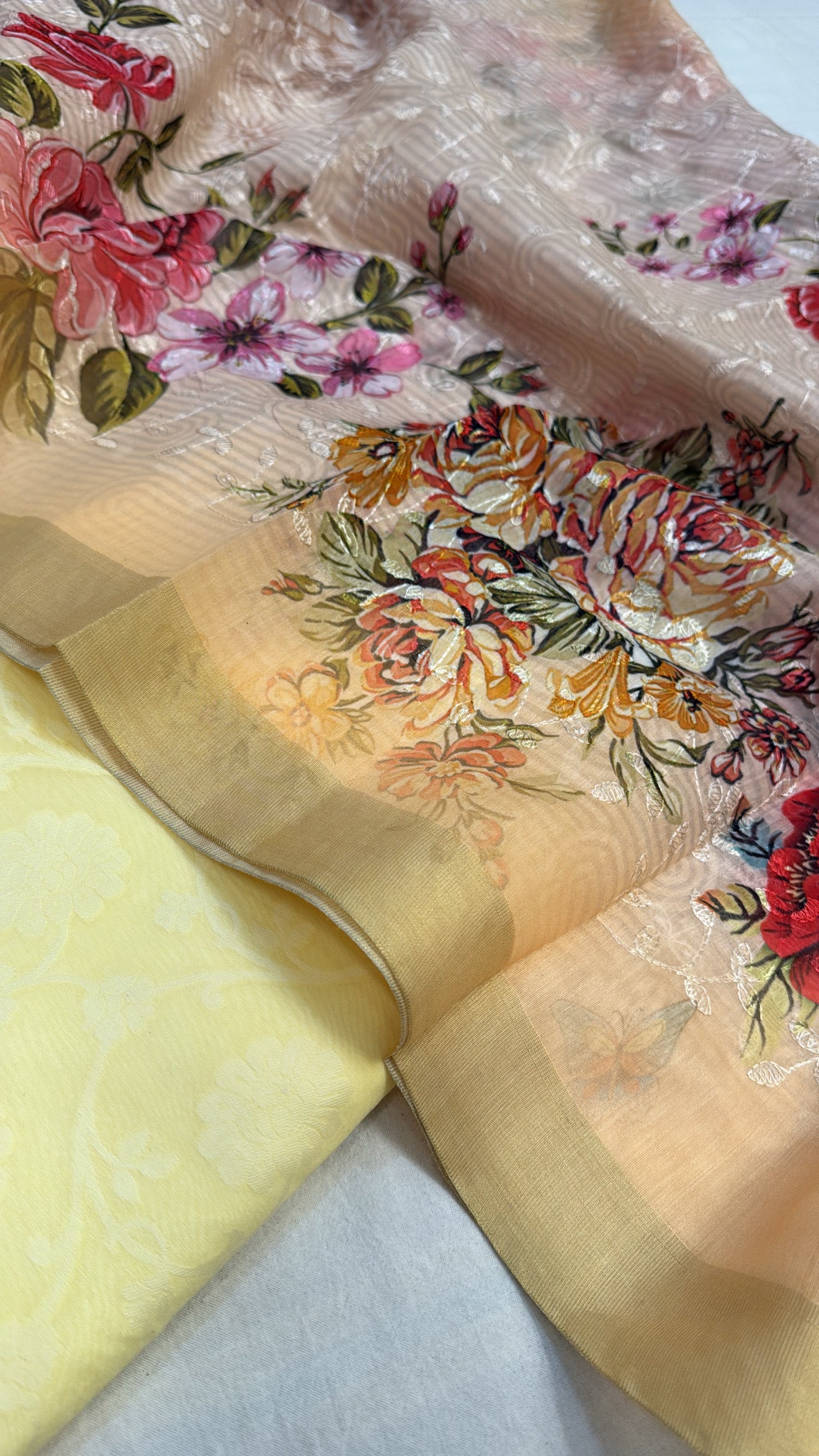 Lime yellow mul cotton banarasi kadhwa buti suit set