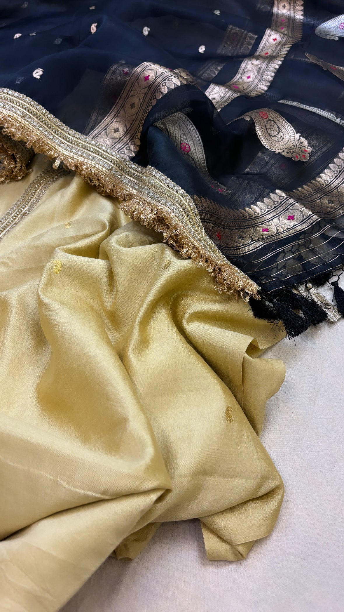 Heeramandi gold-black contrast tissue silk hand embroidered suit set