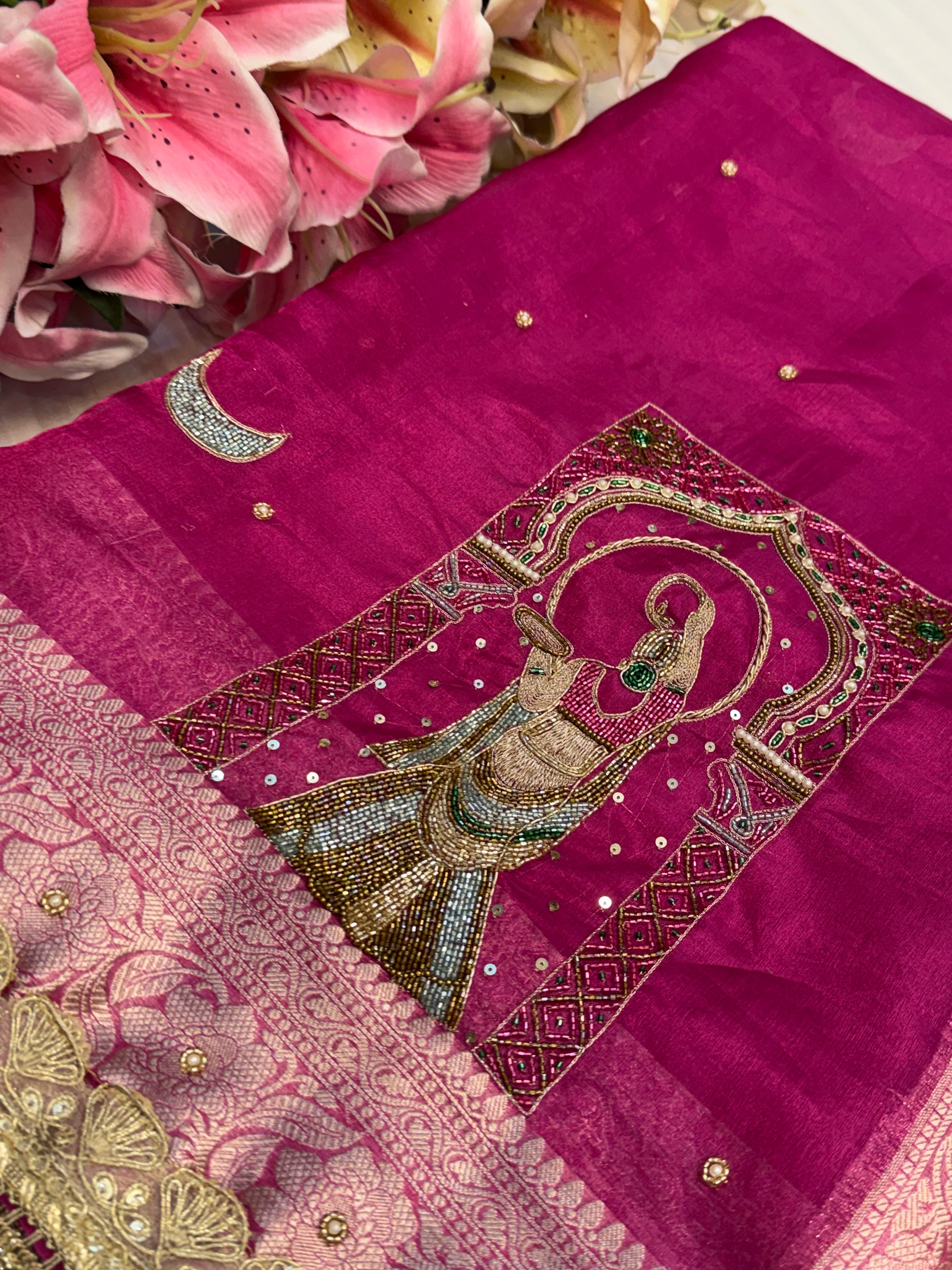 Karwachauth special - Hot metallic pink tissue silk hand embroidered meenakari saree