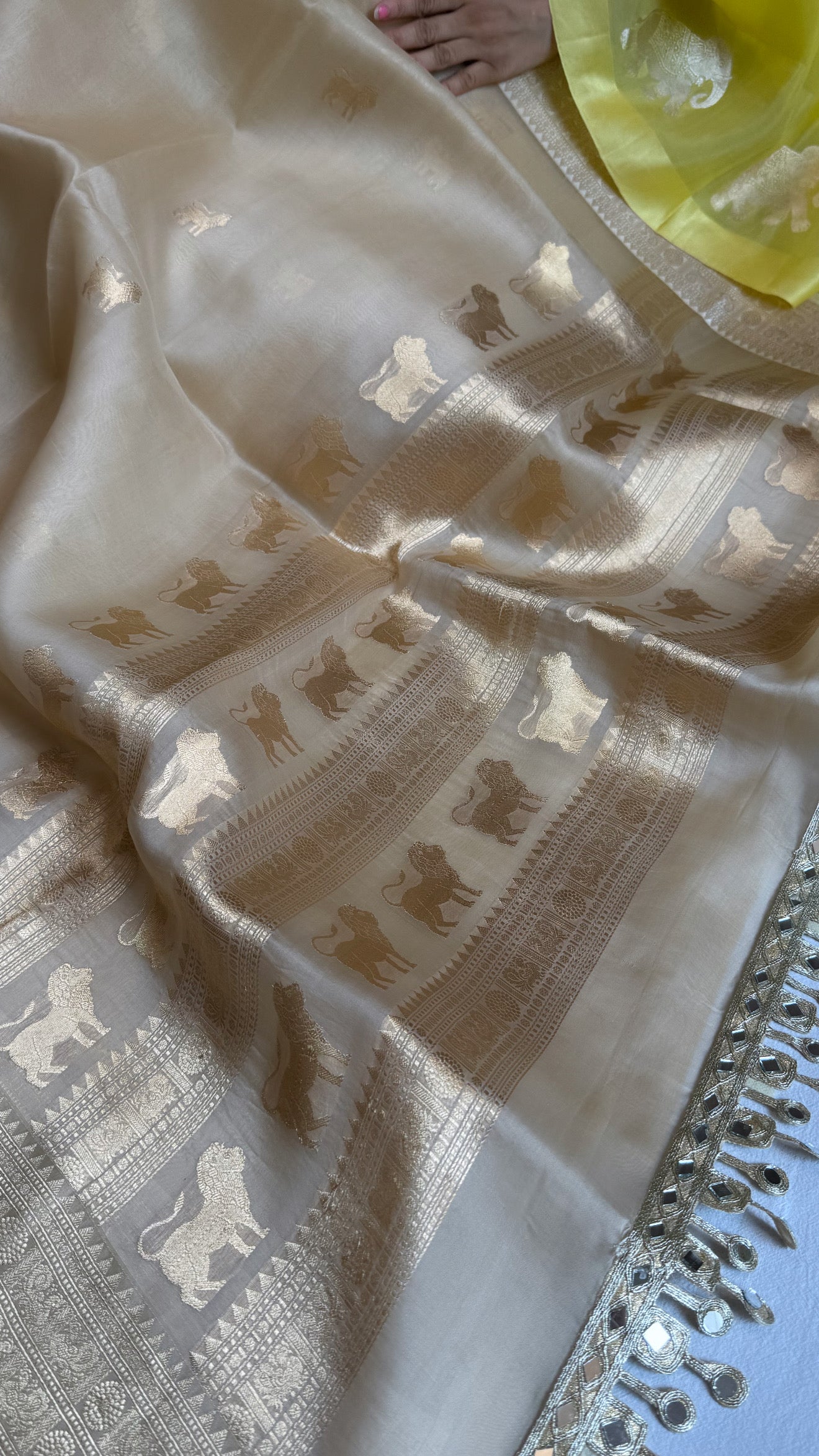 Champagne gold kora silk hand embroidered kadhwa saree