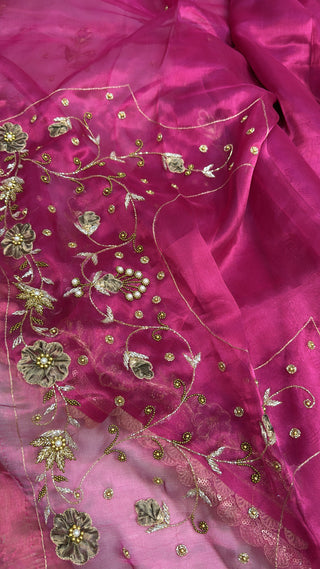 Husn hot pink tissue silk hand embroidered saree with heavy blouse