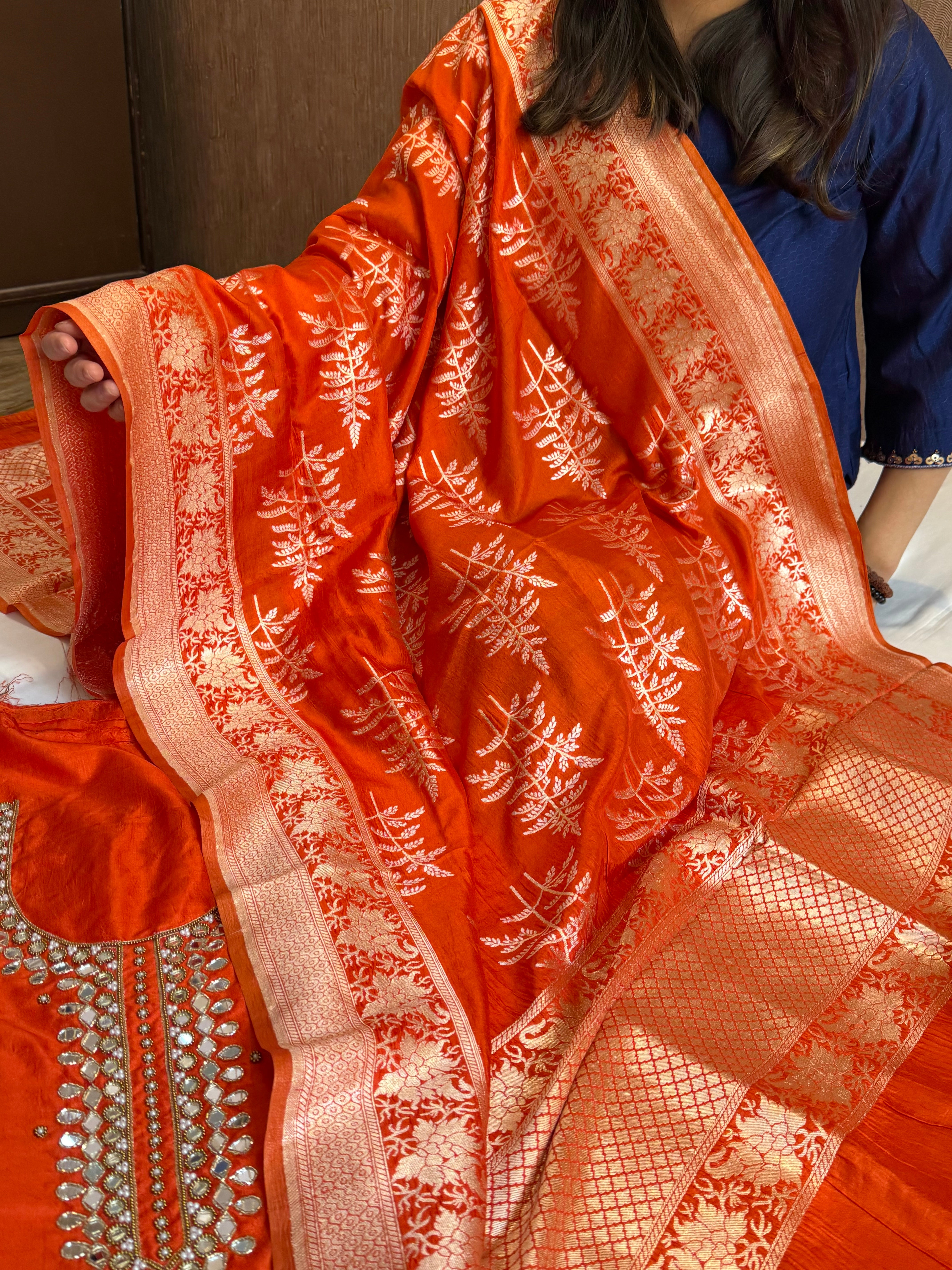 Sheesham fanta orange mirror work hand embroidered katan silk suit set