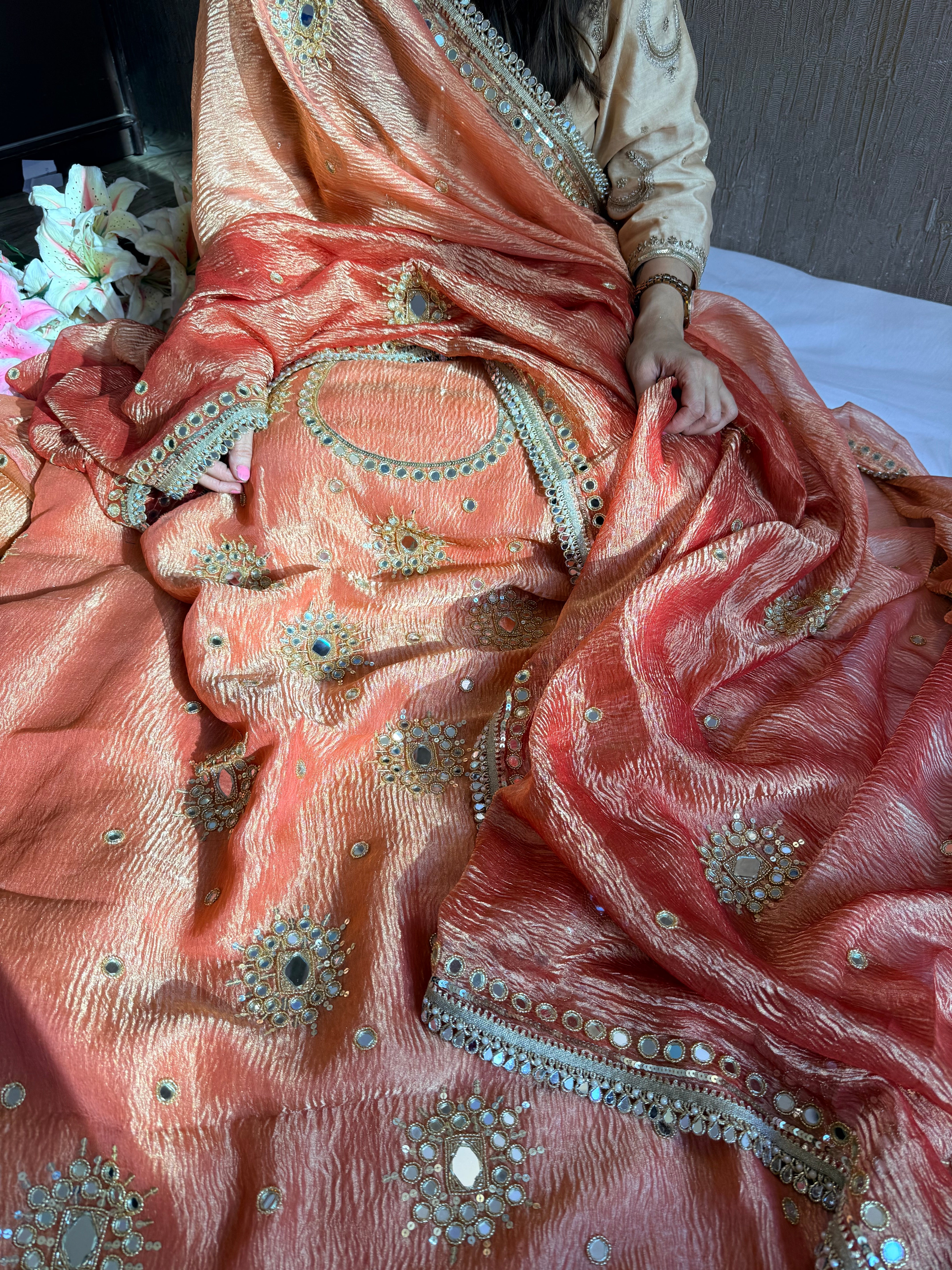 Banarasi tissue silk mirrorwork hand embroidered crushed suit sets