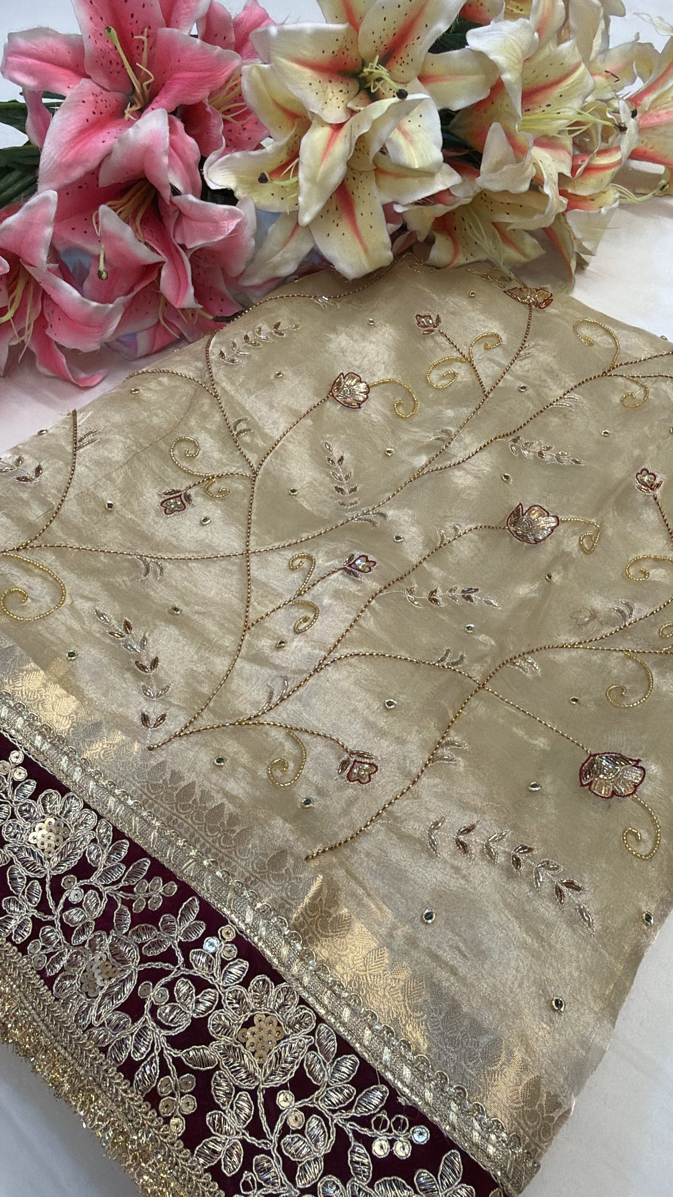 Molten gold husn tissue silk hand embroidered kadhwa saree