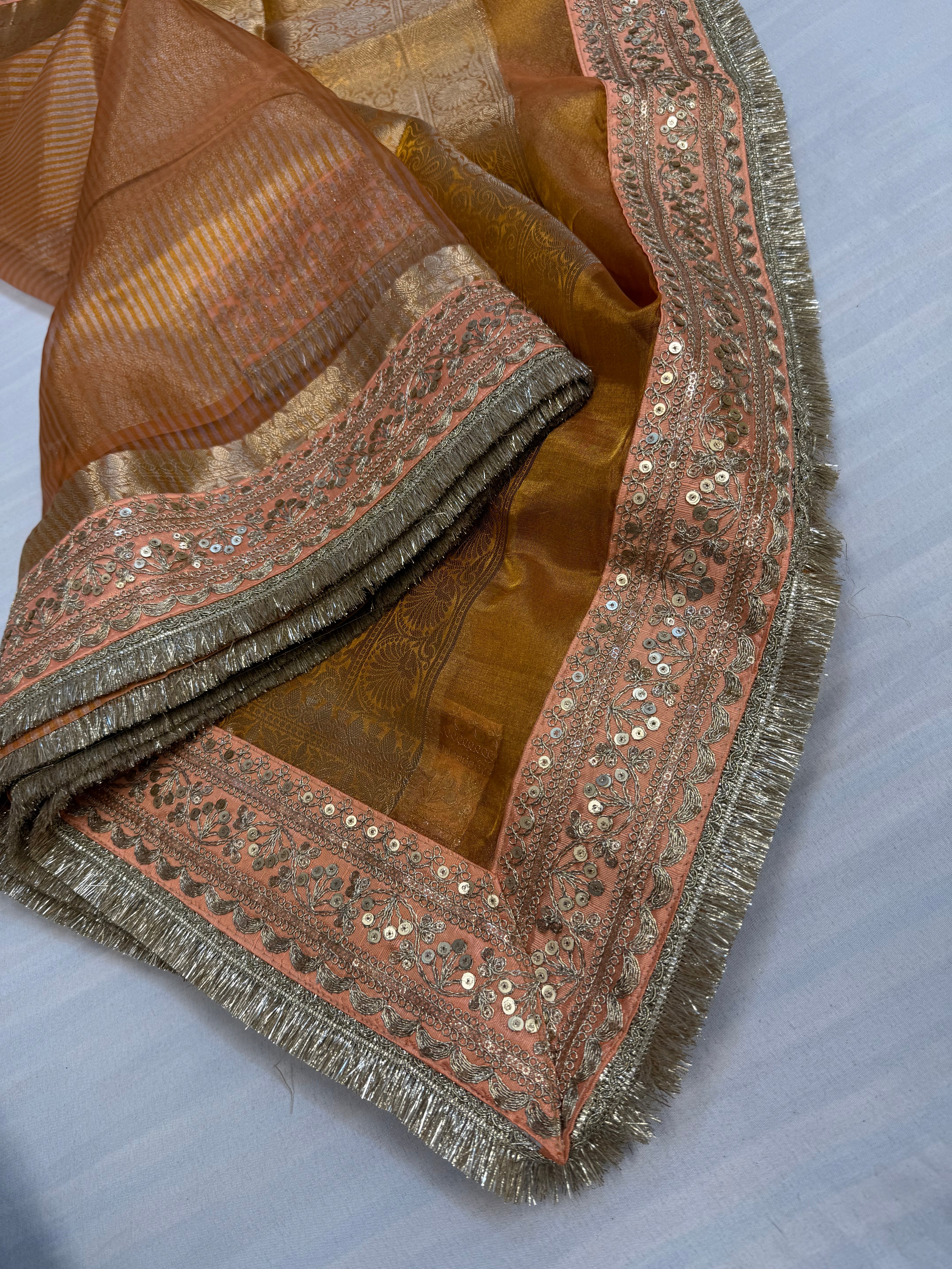 Fanta orange maharani tissue silk striped kadhwa saree