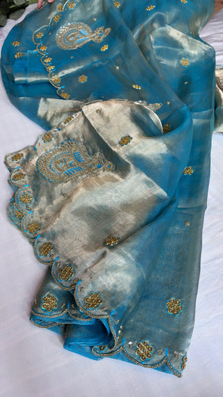 Husn sea blue tissue silk saree