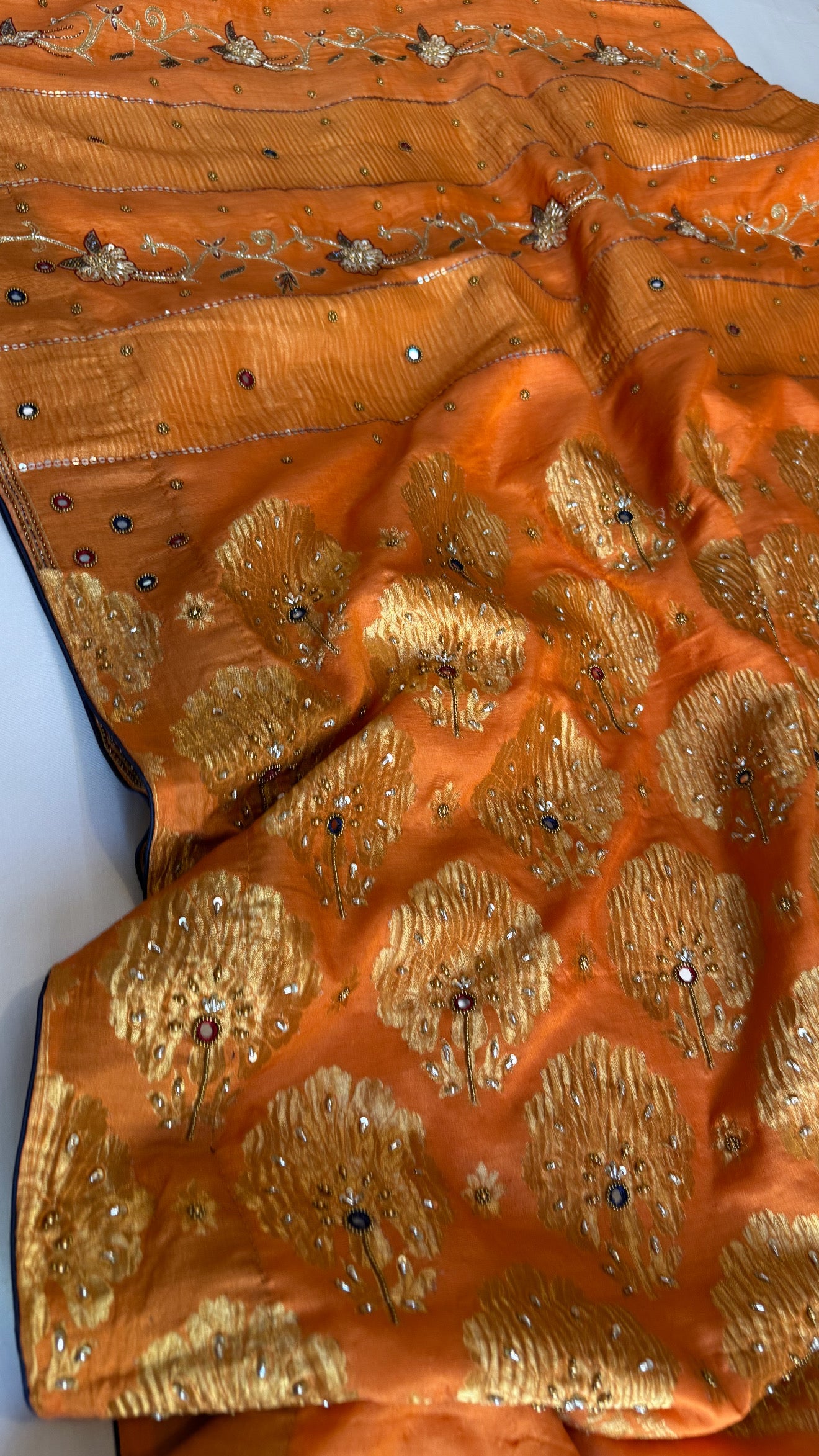 Mastani edit - Fanta orange moonga silk hand embroidered kadhwa saree