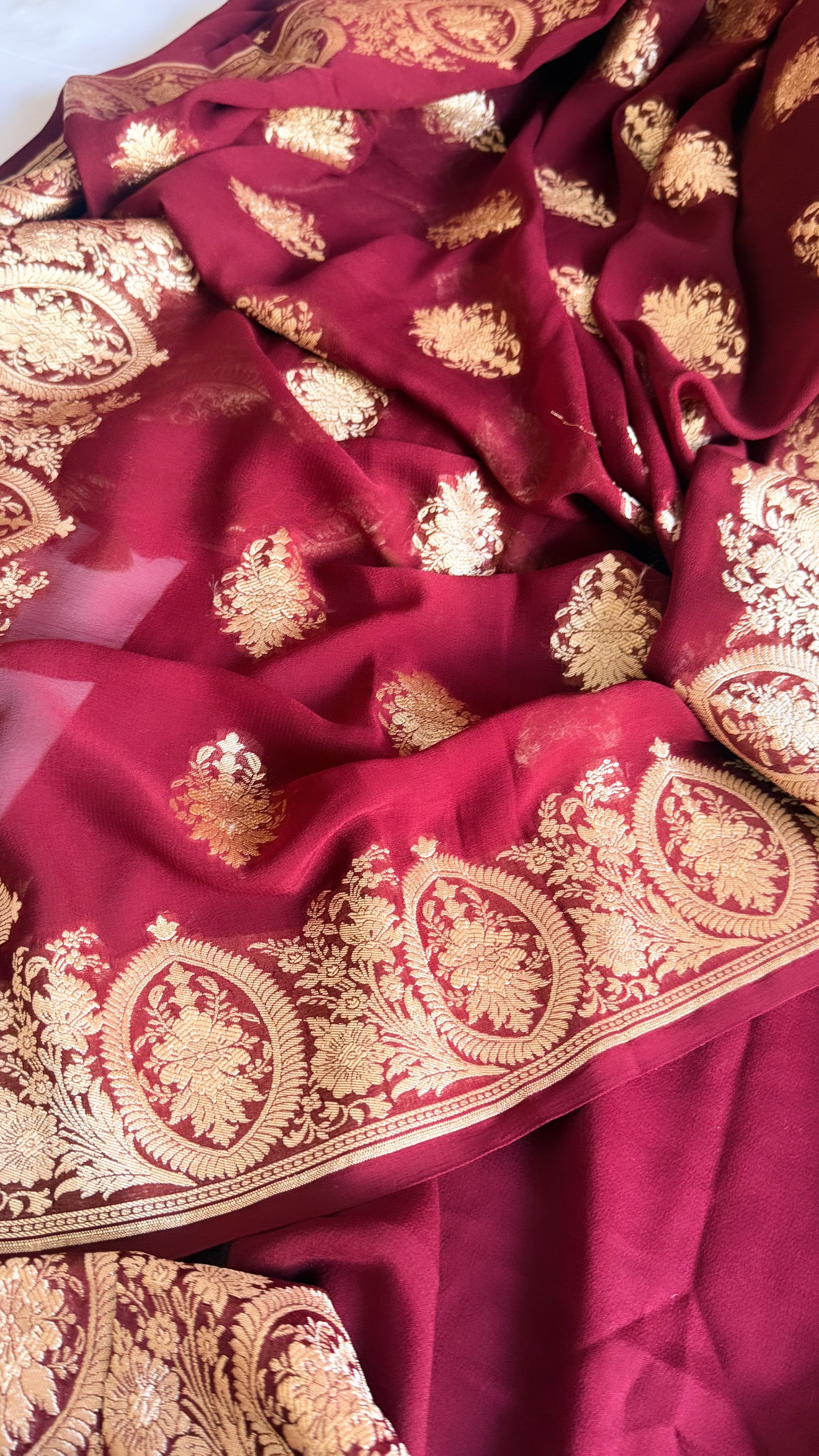 Neck & Pocket weaving - Chiffon gorgette maroon bergundy kadhwa weaving suit set