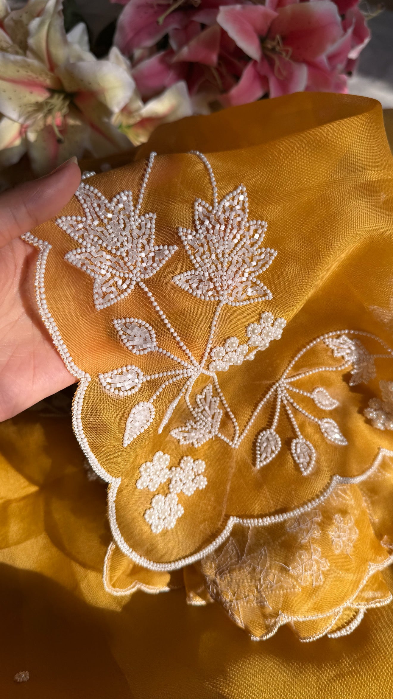 Mustard pearl work heavy hand embroidered kora silk suit set