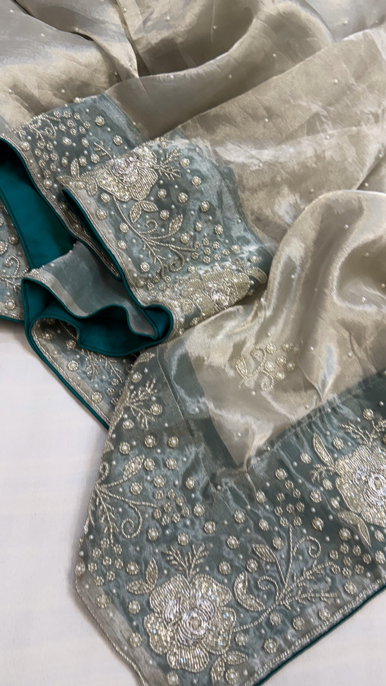 Heere aur moti edit - Ivory diamond tissue silk pearl work heavy hand embroidered saree